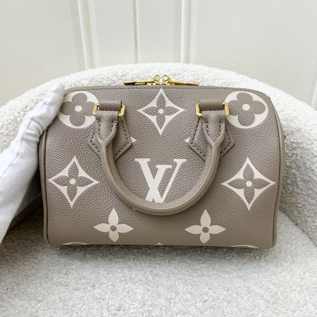LV Speedy Bandouliere 20 in Tourterelle / Creme Giant Monogram Empreinte Leather and GHW