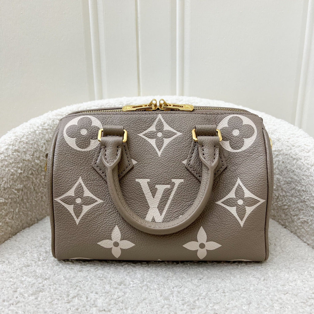 LV Speedy Bandouliere 20 in Tourterelle / Creme Giant Monogram Empreinte Leather and GHW