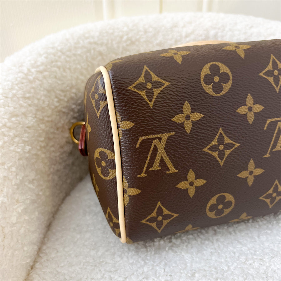 LV Speedy Bandouliere 20 in Monogram Canvas and Pink Patterned Strap
