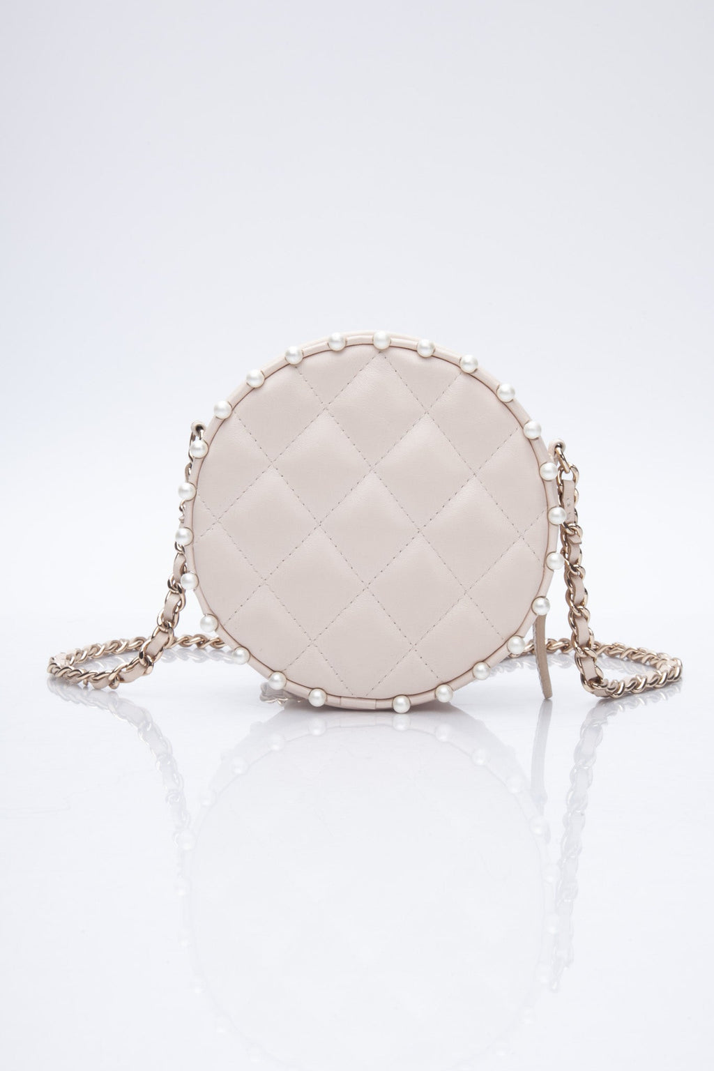 CHANEL Cream Calfskin Quilted Pearl Round Crossbody Bag