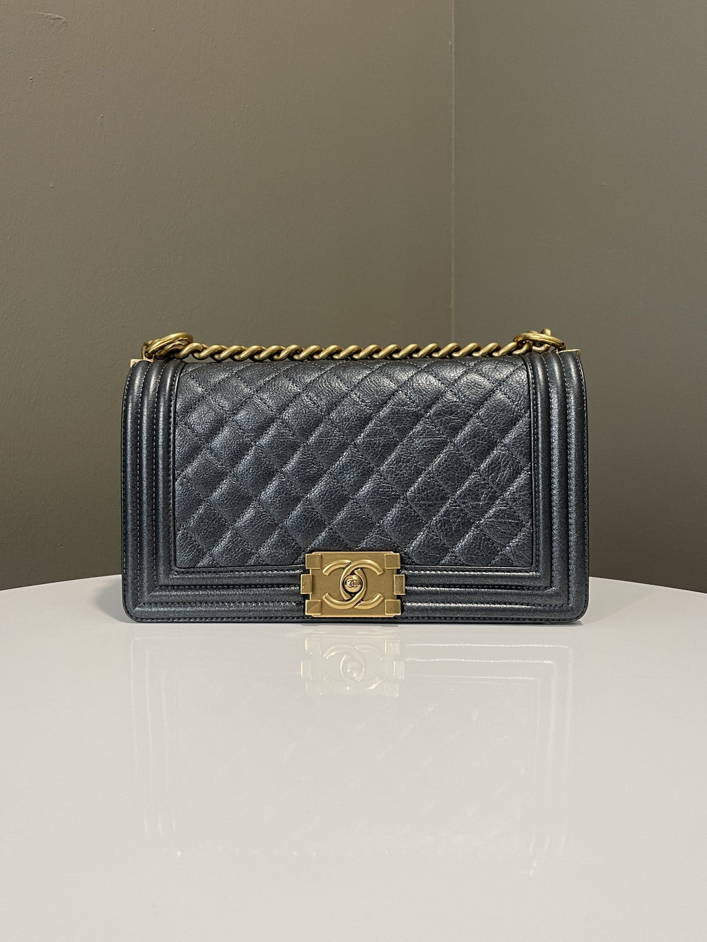 Chanel Quilted Boy Old Medium Iridescent Grey Blue Calf