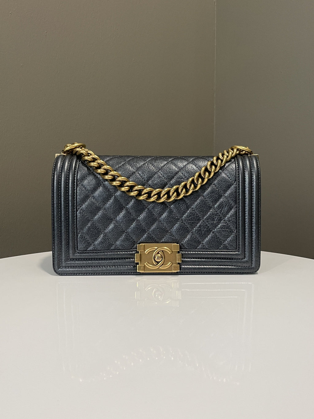 Chanel Quilted Boy Old Medium Iridescent Grey Blue Calf