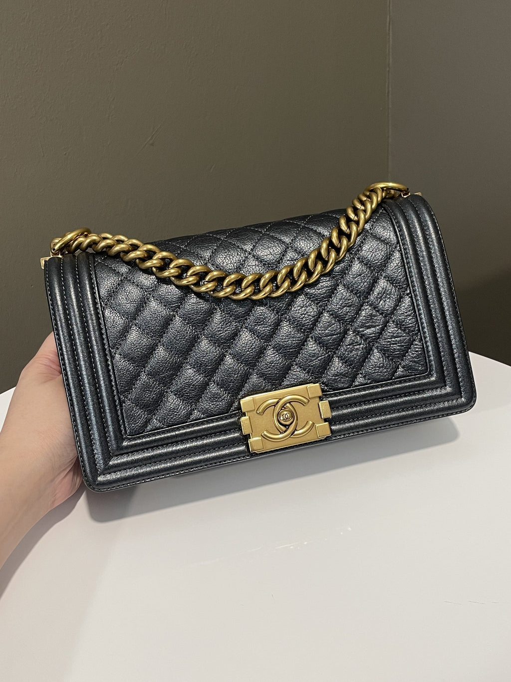 Chanel Quilted Boy Old Medium Iridescent Grey Blue Calf