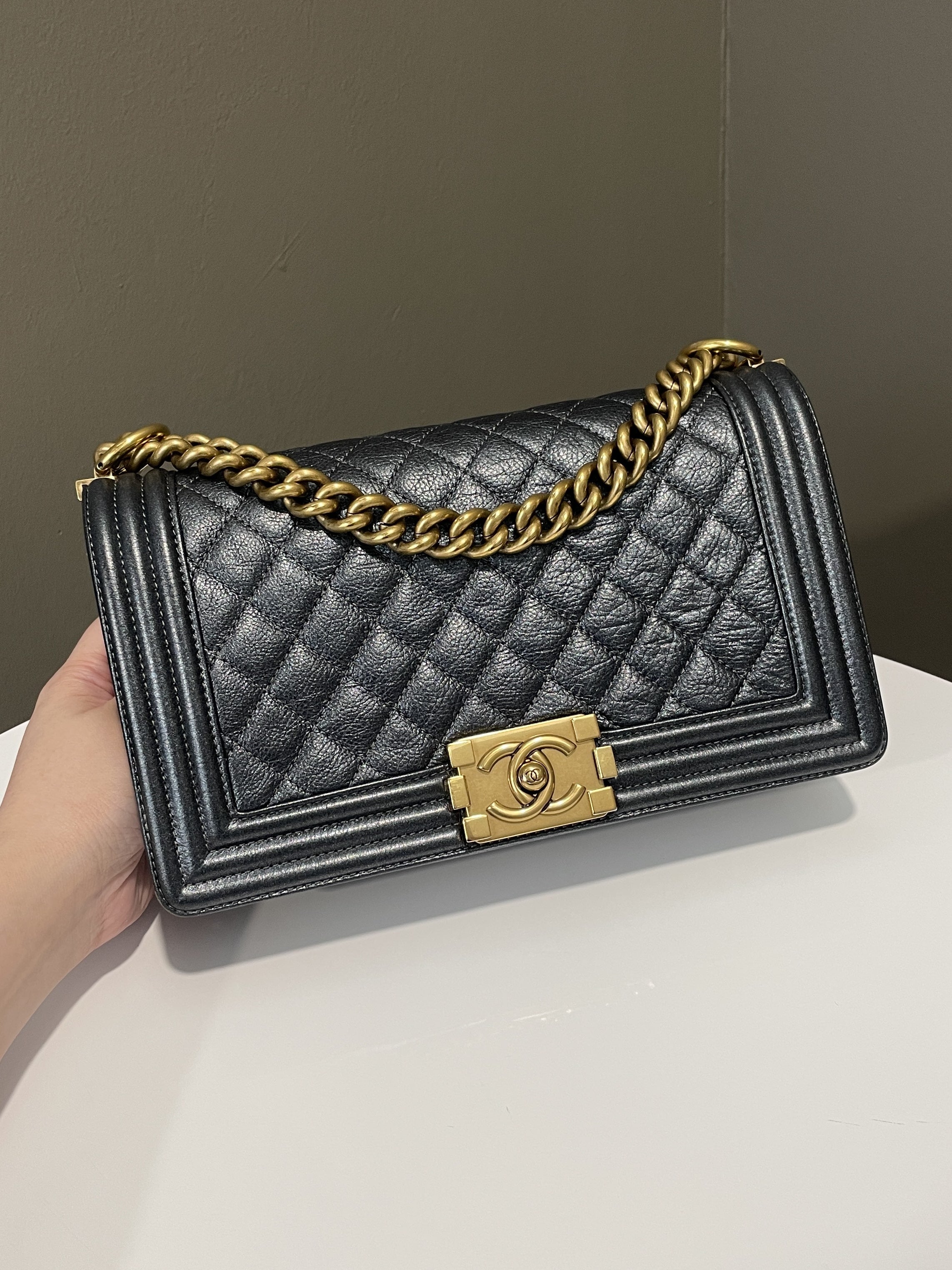 Chanel Quilted Boy Old Medium Iridescent Grey Blue Calf