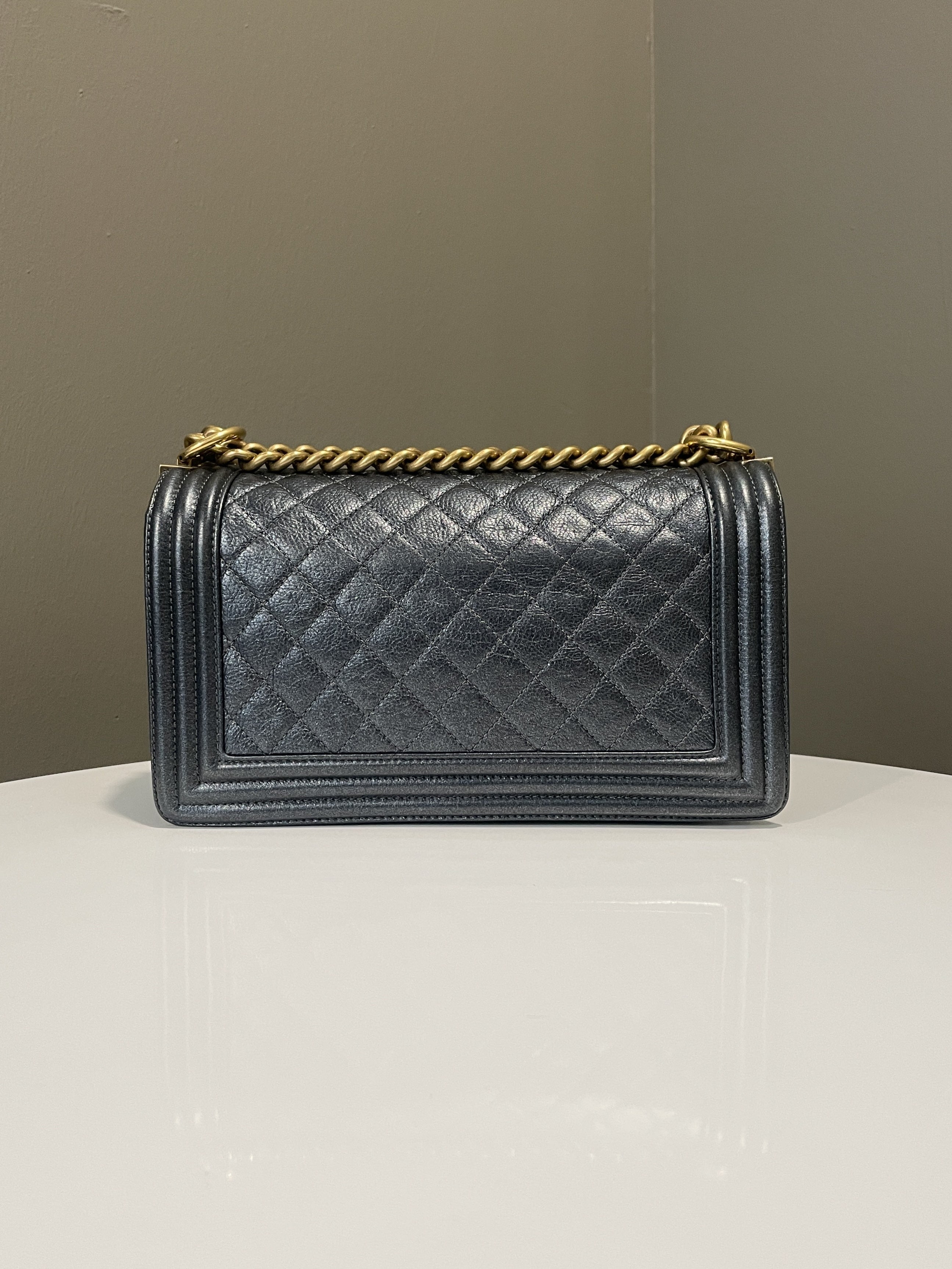 Chanel Quilted Boy Old Medium Iridescent Grey Blue Calf