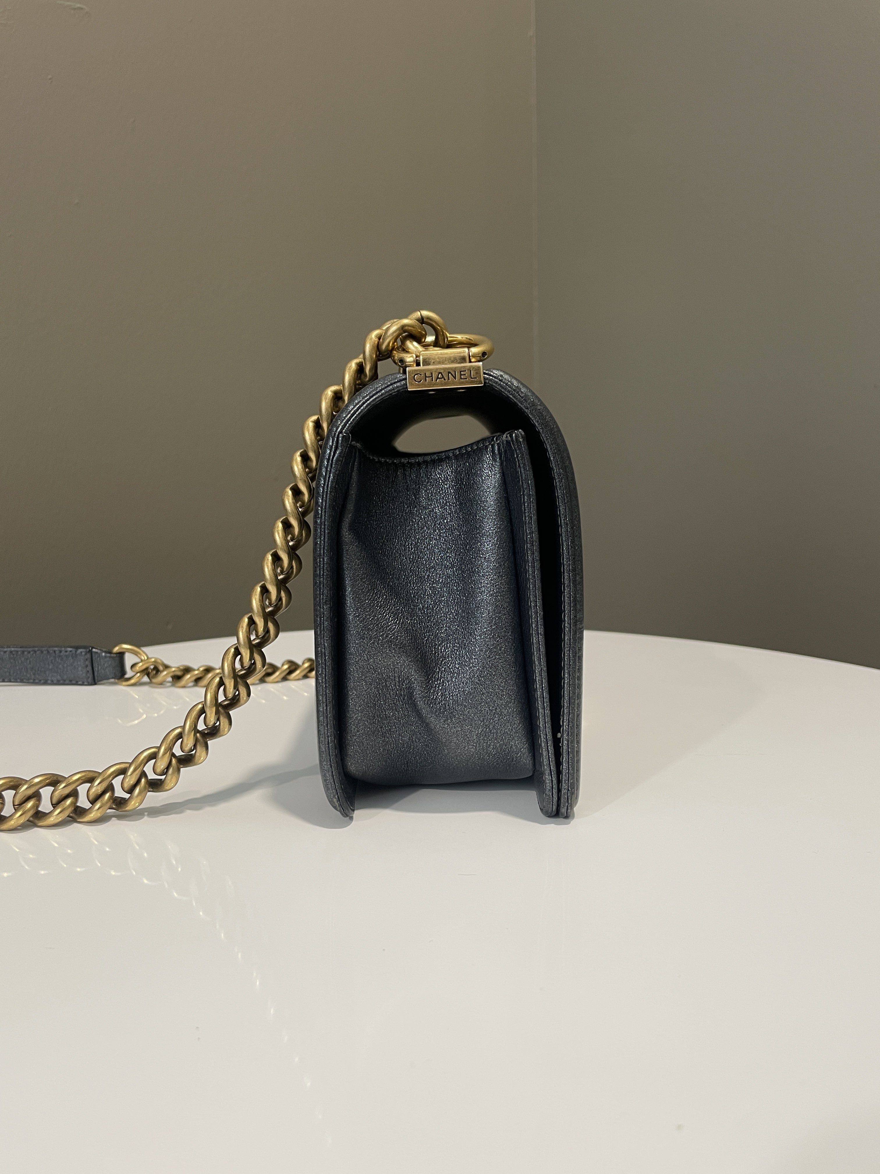 Chanel Quilted Boy Old Medium Iridescent Grey Blue Calf
