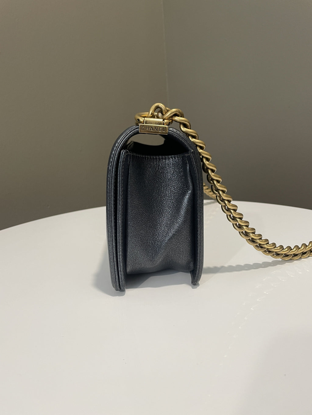 Chanel Quilted Boy Old Medium Iridescent Grey Blue Calf