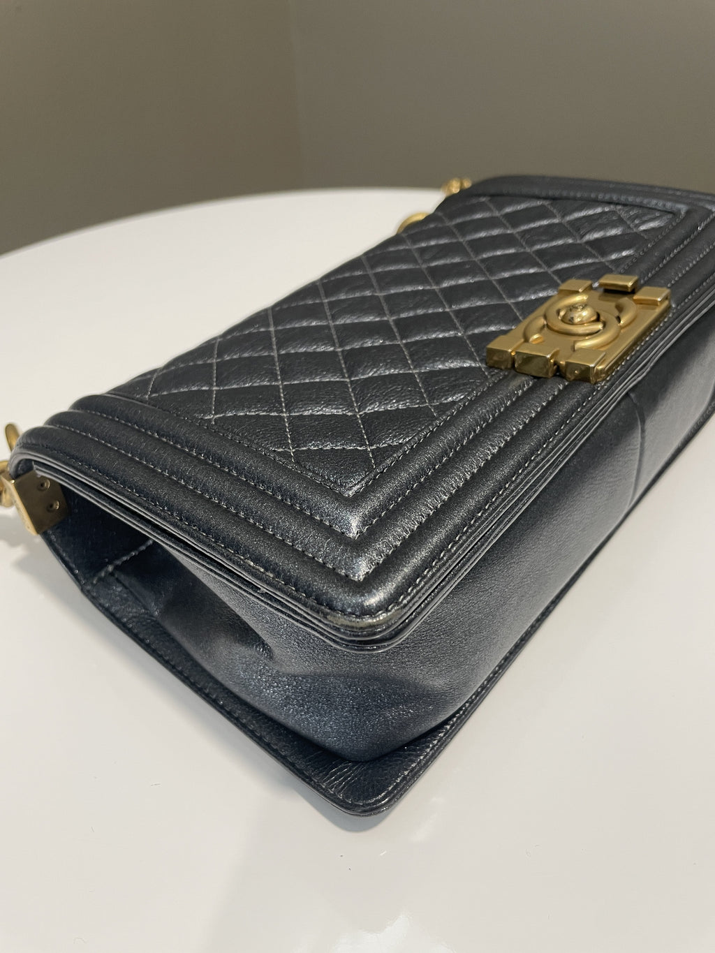 Chanel Quilted Boy Old Medium Iridescent Grey Blue Calf