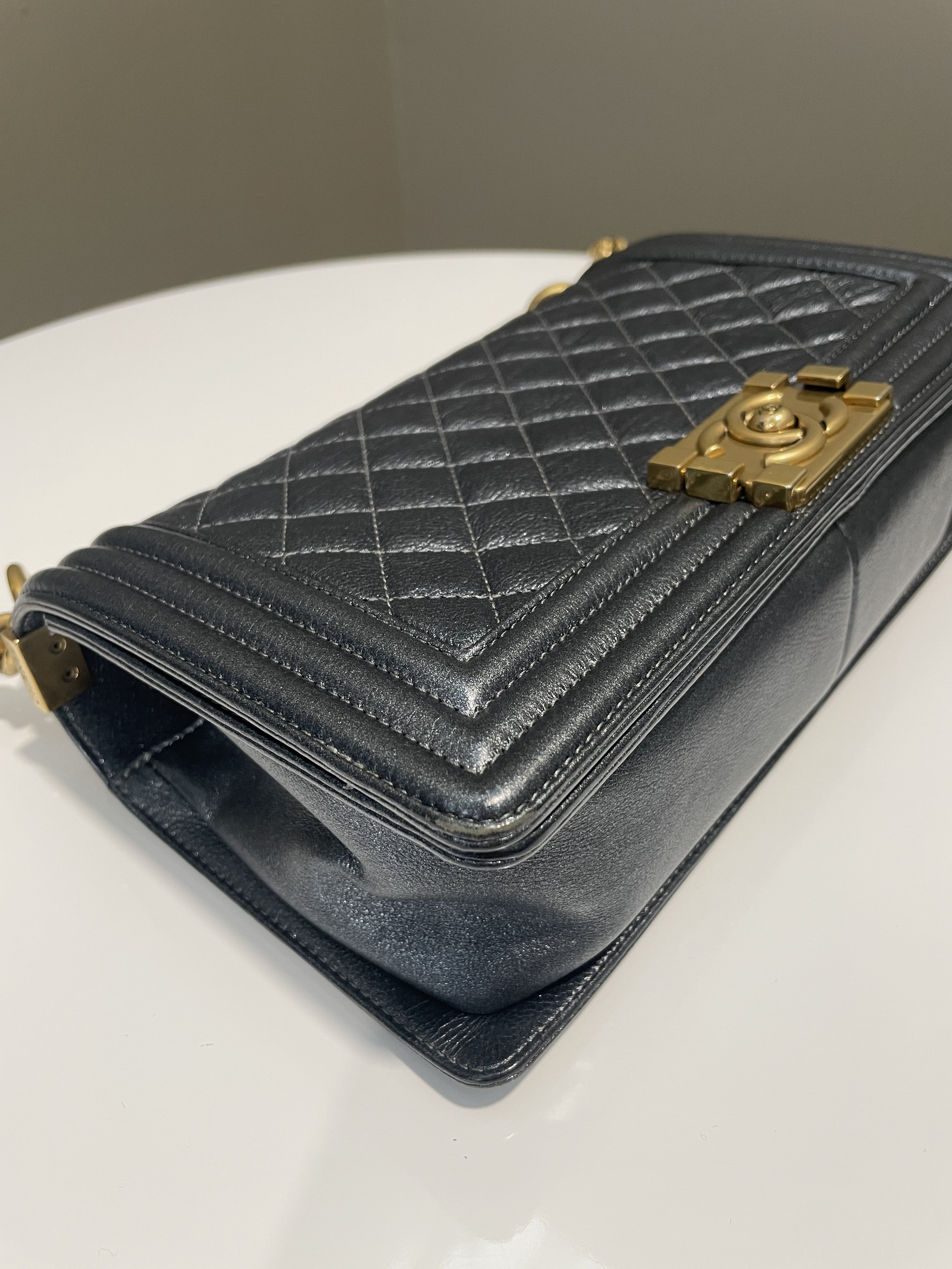 Chanel Quilted Boy Old Medium Iridescent Grey Blue Calf