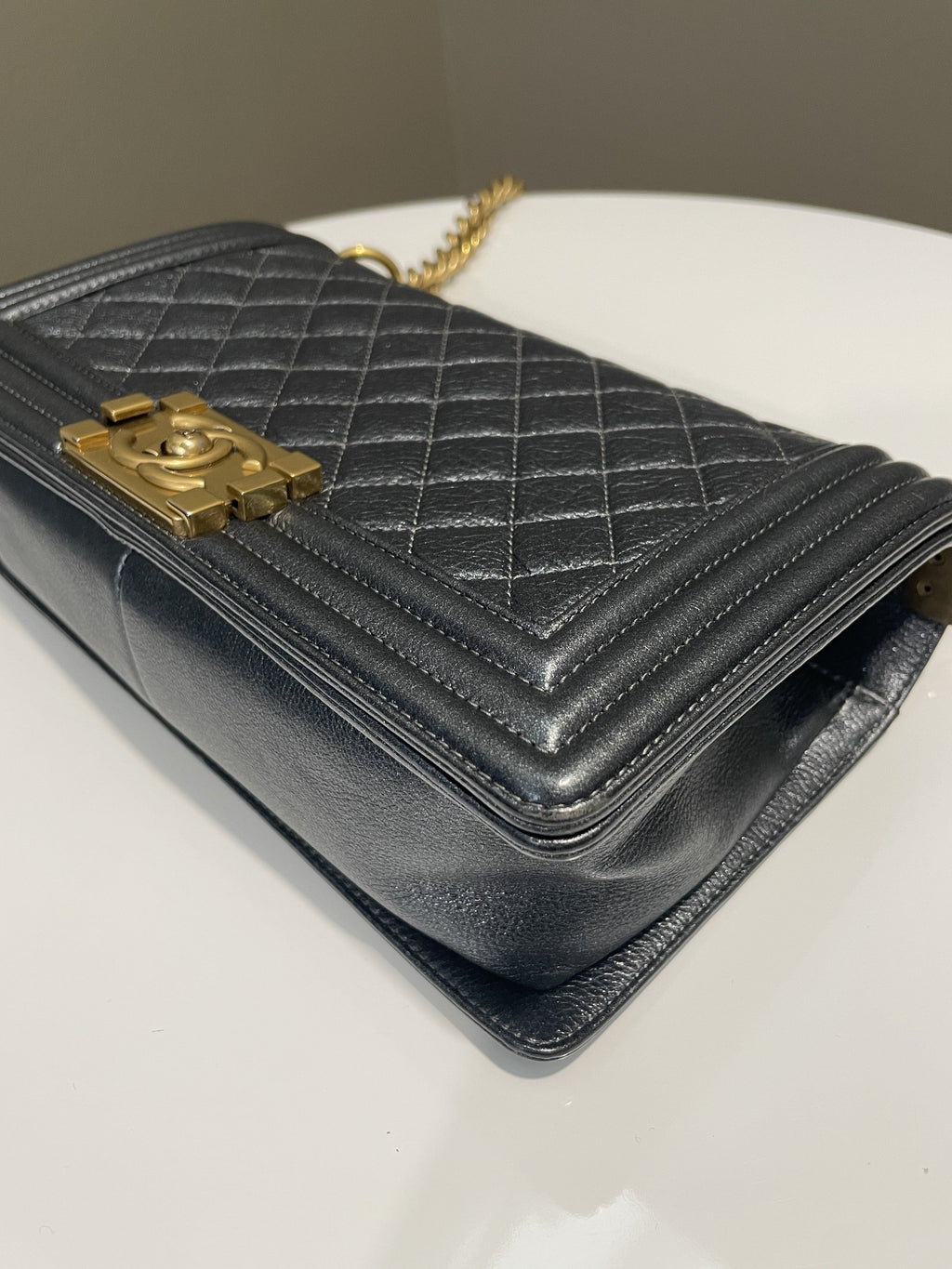 Chanel Quilted Boy Old Medium Iridescent Grey Blue Calf