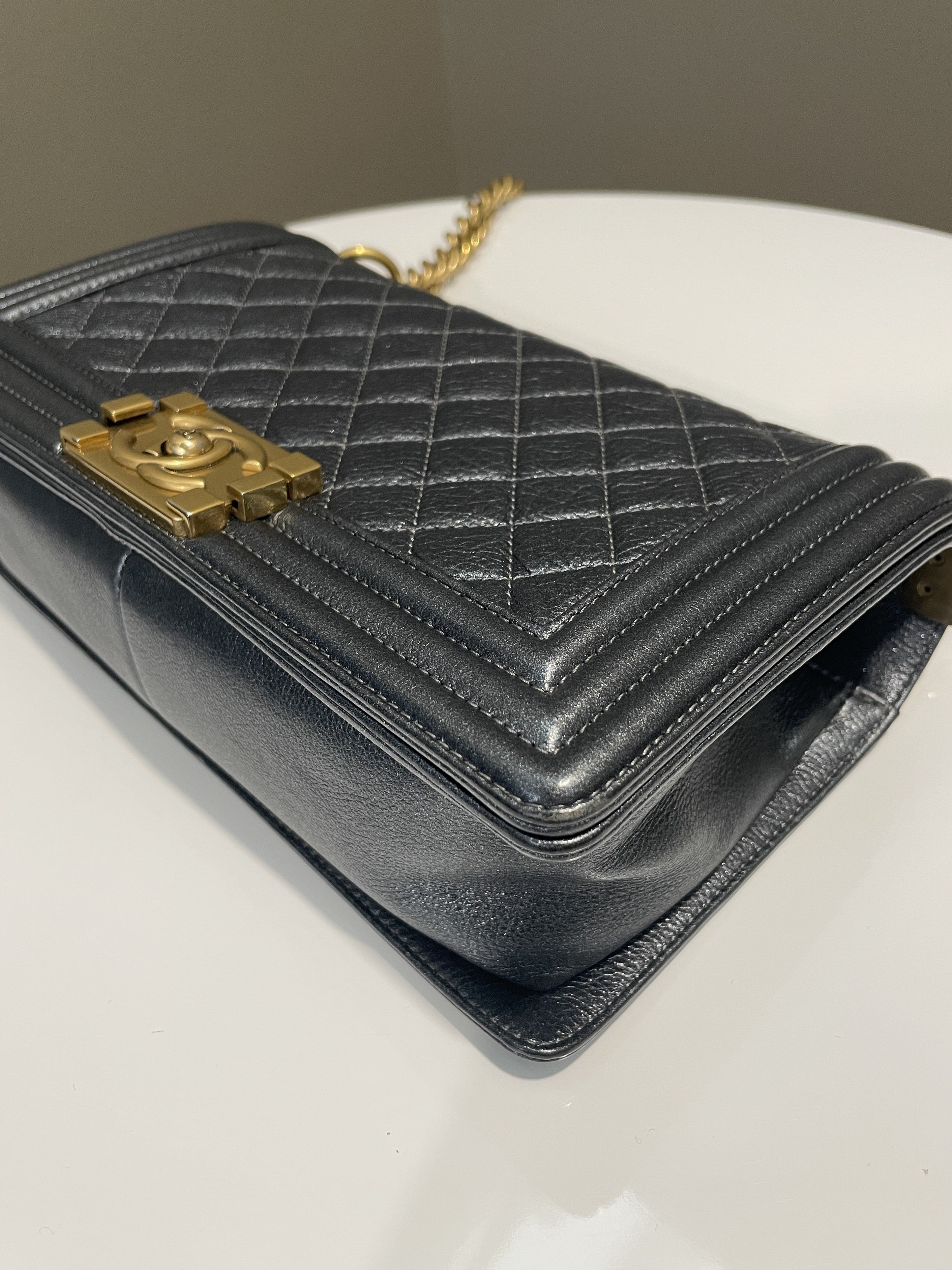 Chanel Quilted Boy Old Medium Iridescent Grey Blue Calf