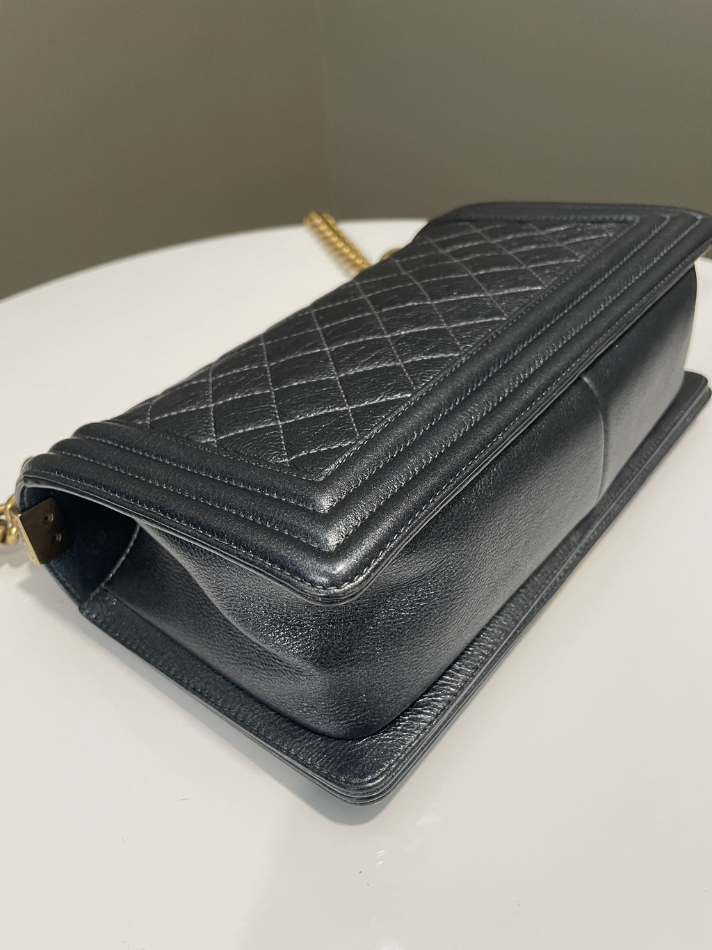 Chanel Quilted Boy Old Medium Iridescent Grey Blue Calf