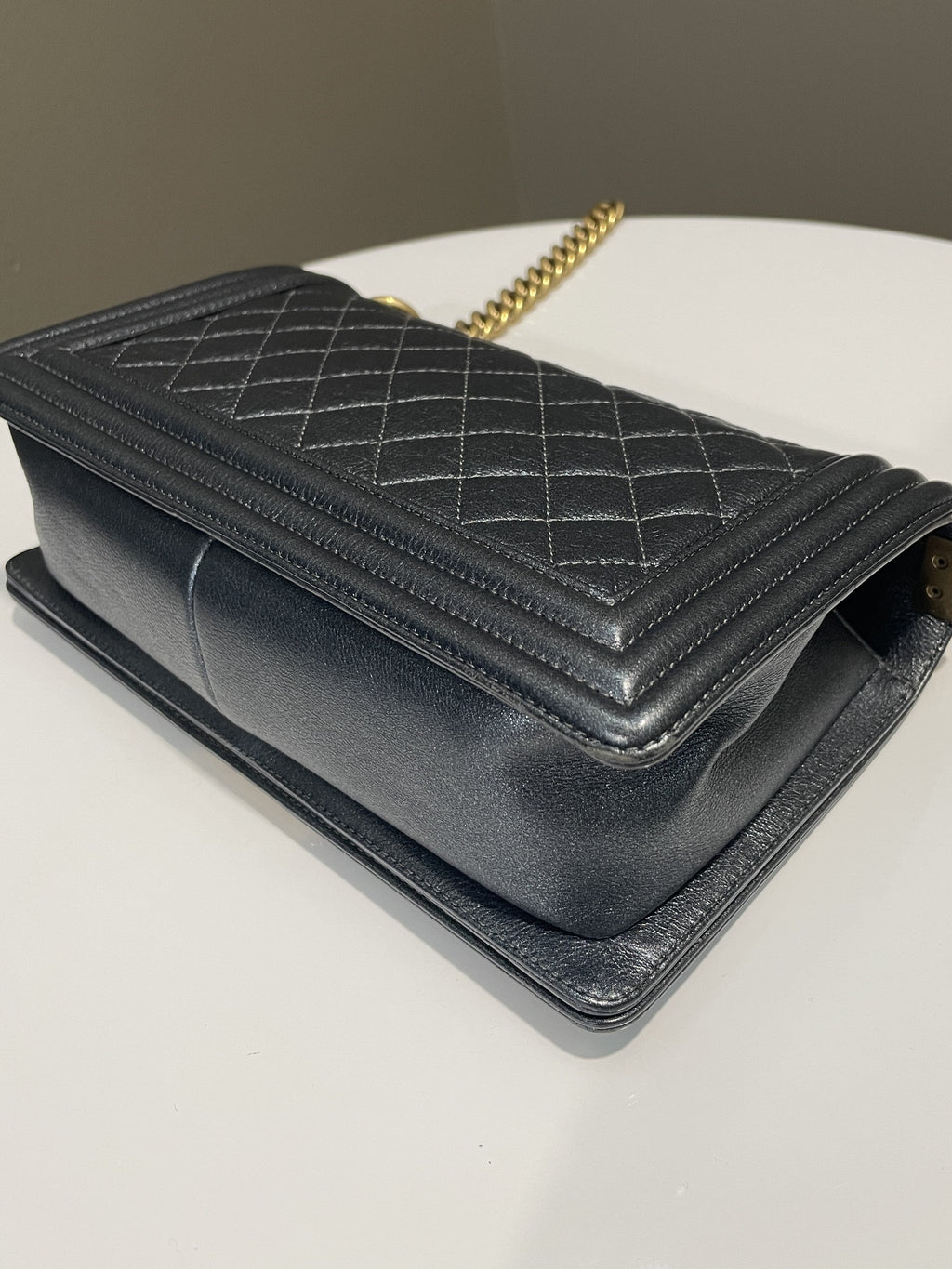 Chanel Quilted Boy Old Medium Iridescent Grey Blue Calf