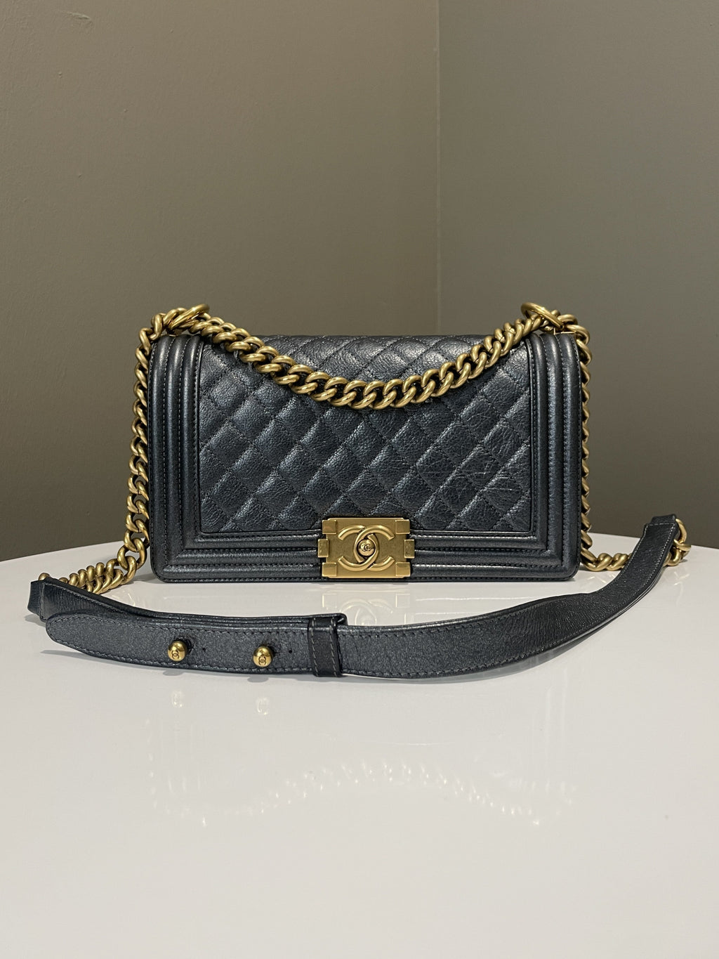 Chanel Quilted Boy Old Medium Iridescent Grey Blue Calf