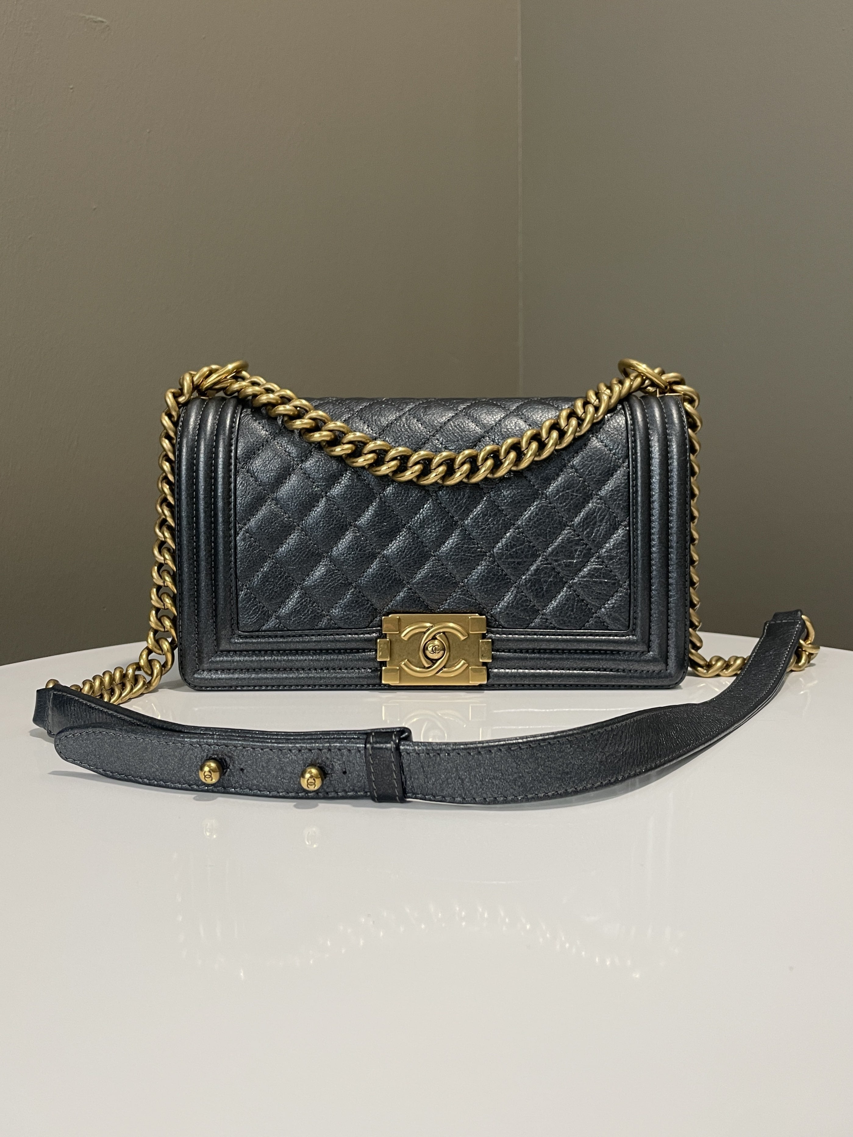 Chanel Quilted Boy Old Medium Iridescent Grey Blue Calf