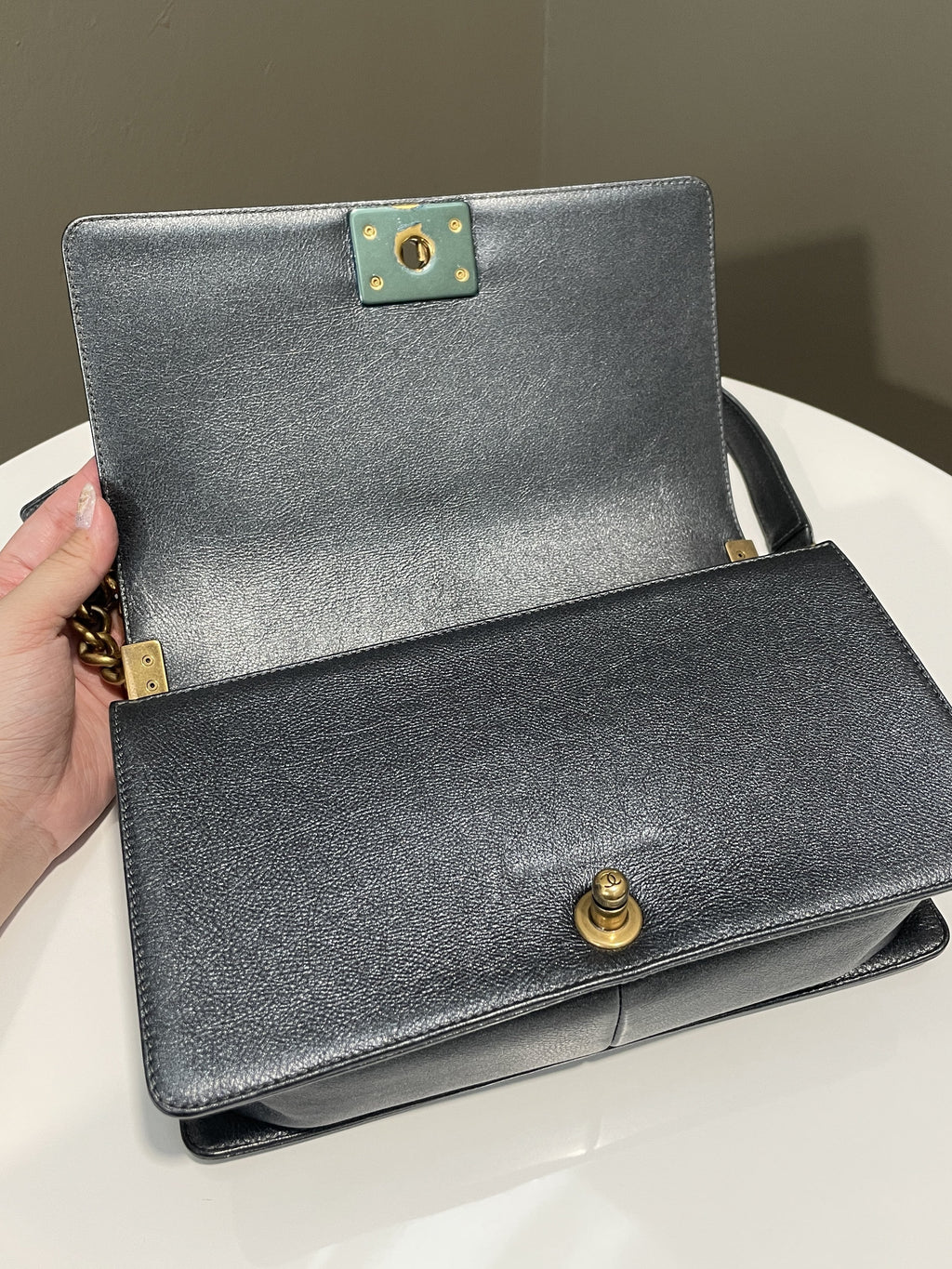 Chanel Quilted Boy Old Medium Iridescent Grey Blue Calf
