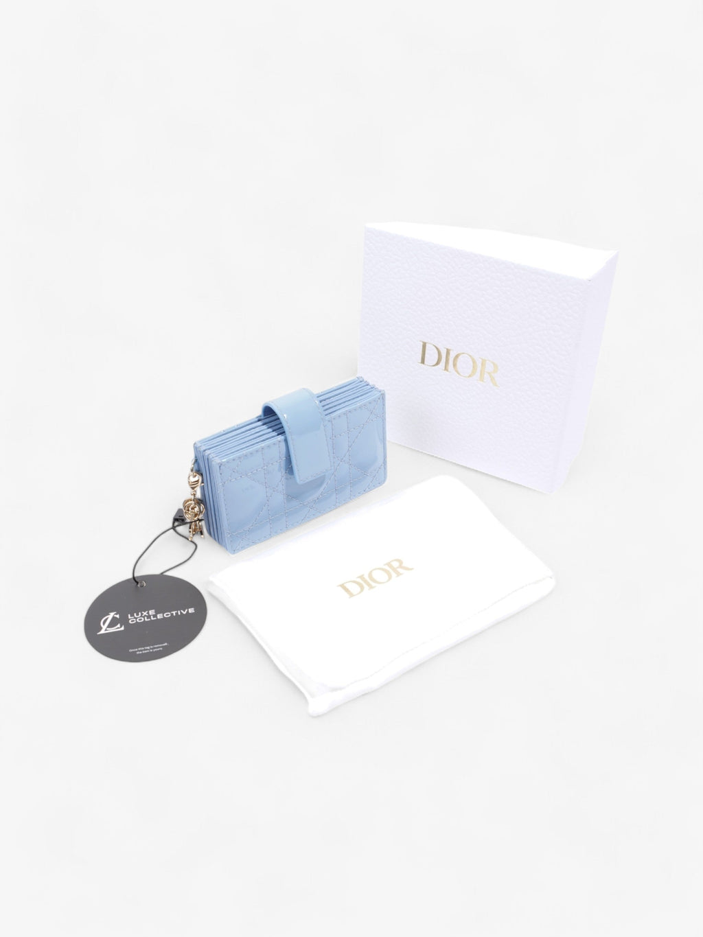 Christian Dior Lady Dior Jasmine Card Holder Baby Blue / Light Gold Patent Leather