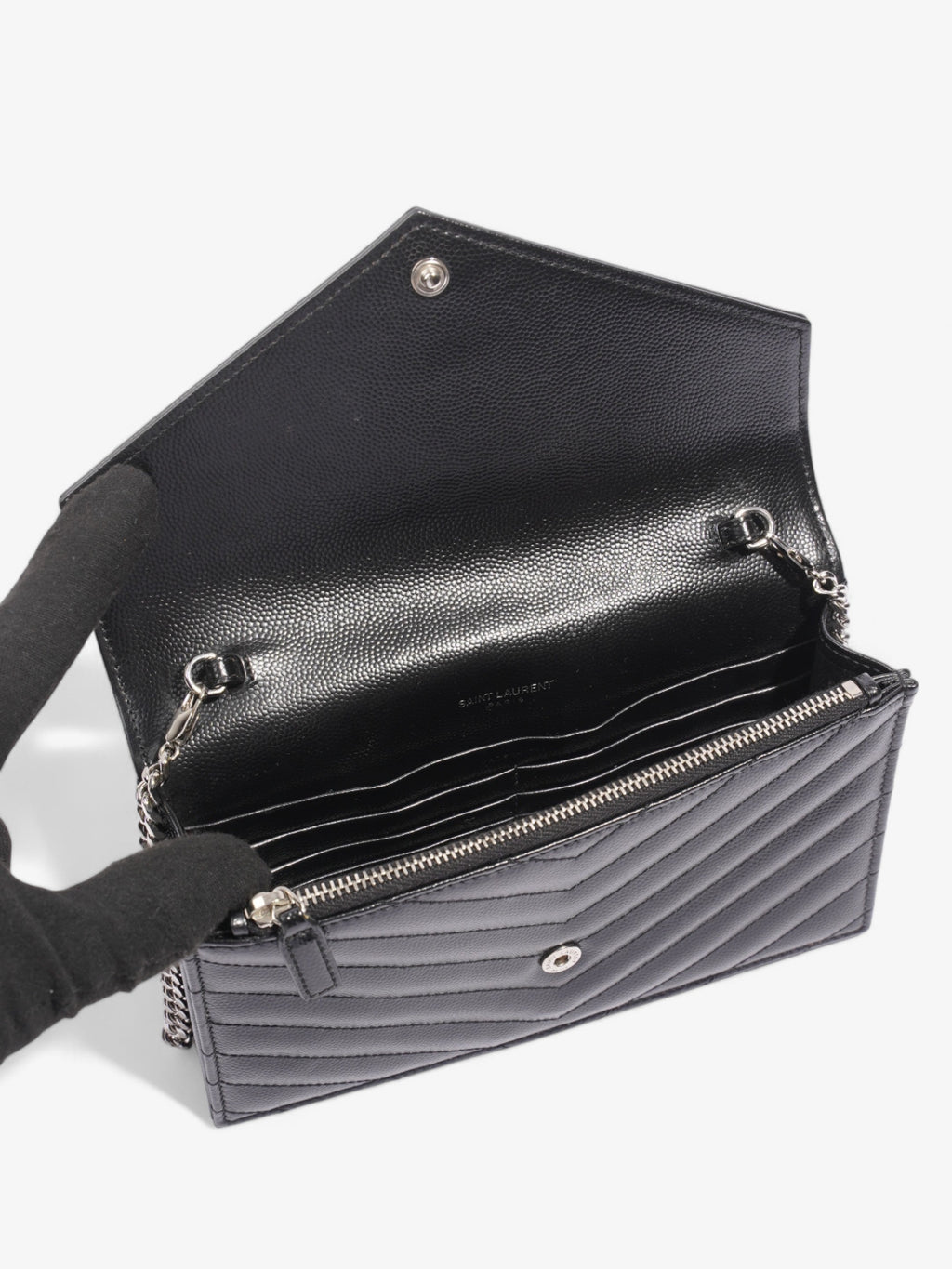 Saint Laurent Cassandre Envelope Chain Wallet Black Matelasse Leather