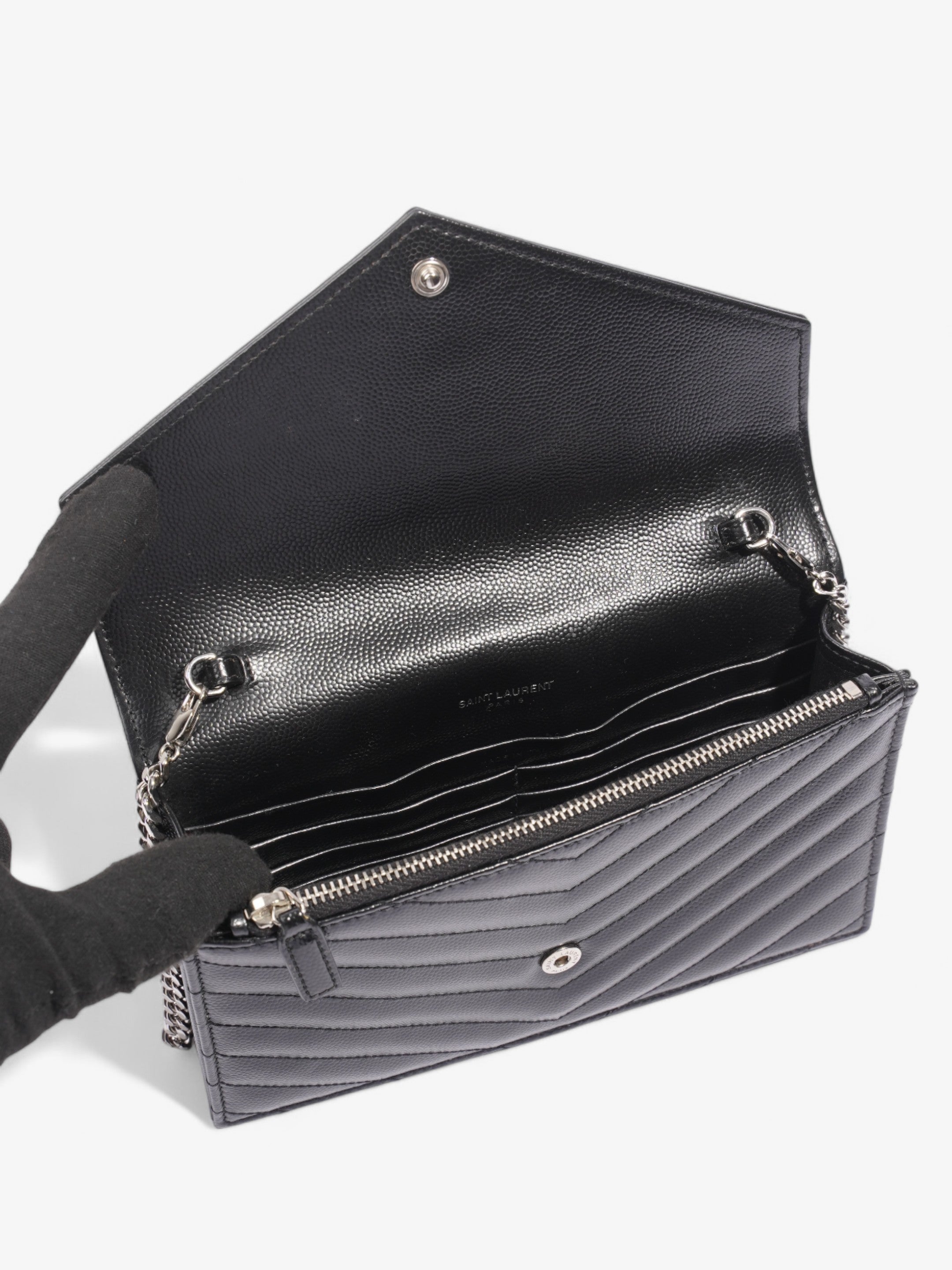 Saint Laurent Cassandre Envelope Chain Wallet Black Matelasse Leather