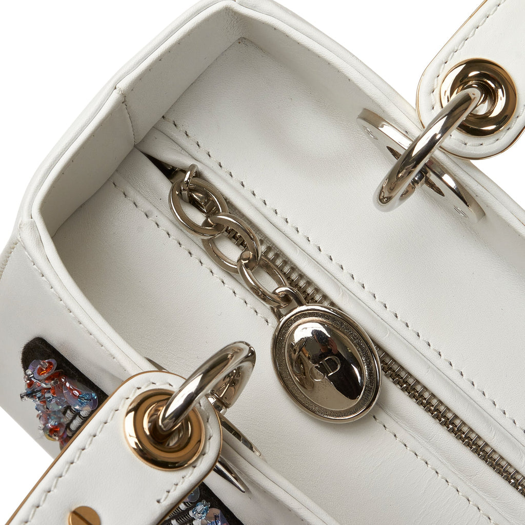 Dior Lady Dior Medium White Patch Embellished Leather Silver