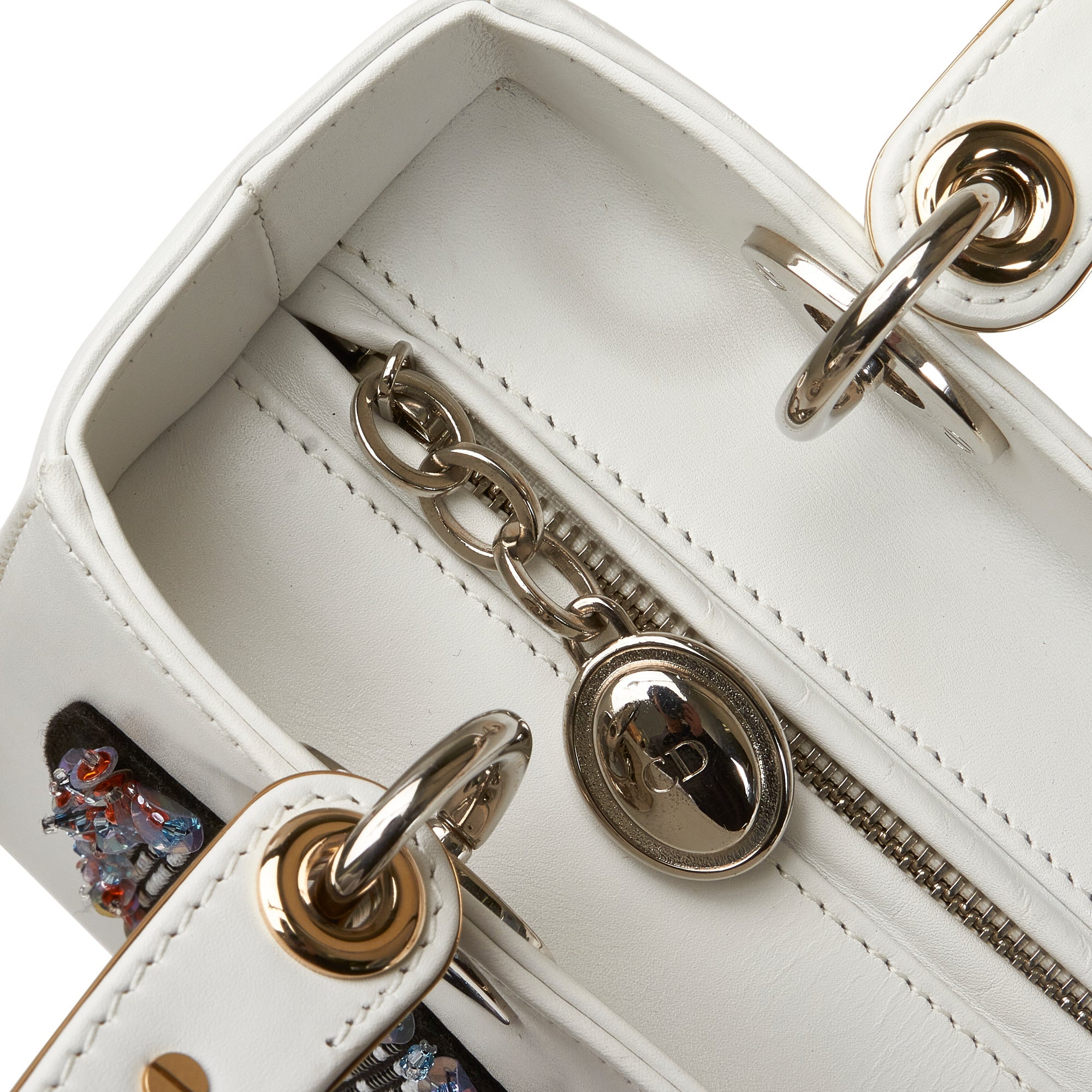 Dior Lady Dior Medium White Patch Embellished Leather Silver