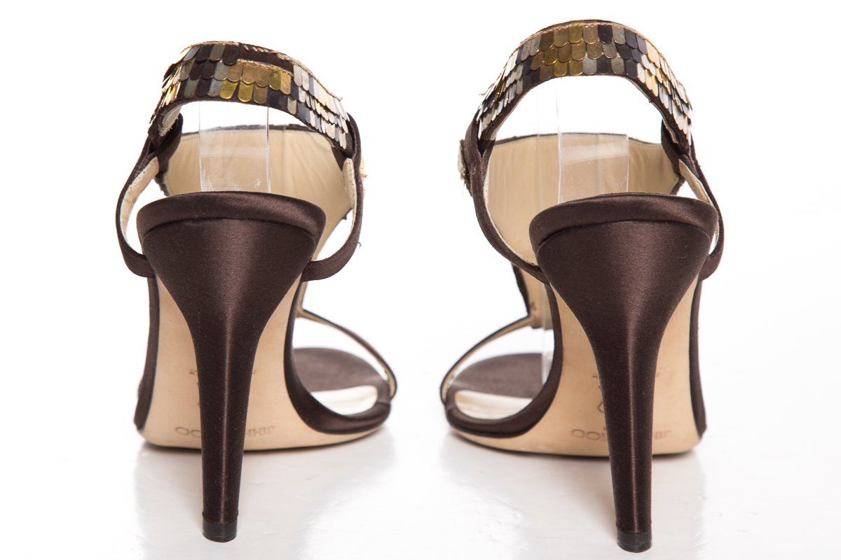 Jimmy Choo Brown/Gold Satin Sandals With Sequin Detail SZ 38 Sale