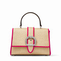 Jimmy Choo Cheri Crystal Medium Top Handle Bag Raffia Pink Leather Trim