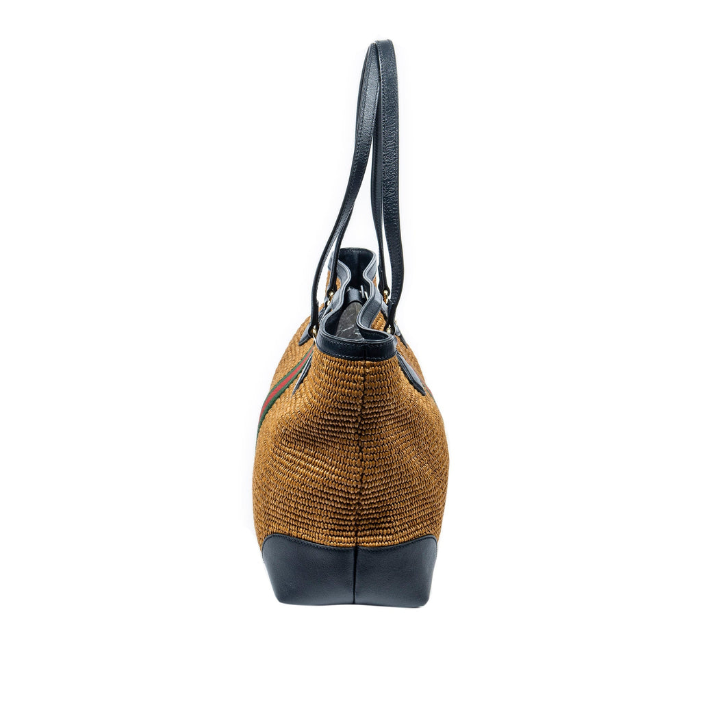 Gold Gucci Medium Raffia Ophidia Tote Bag