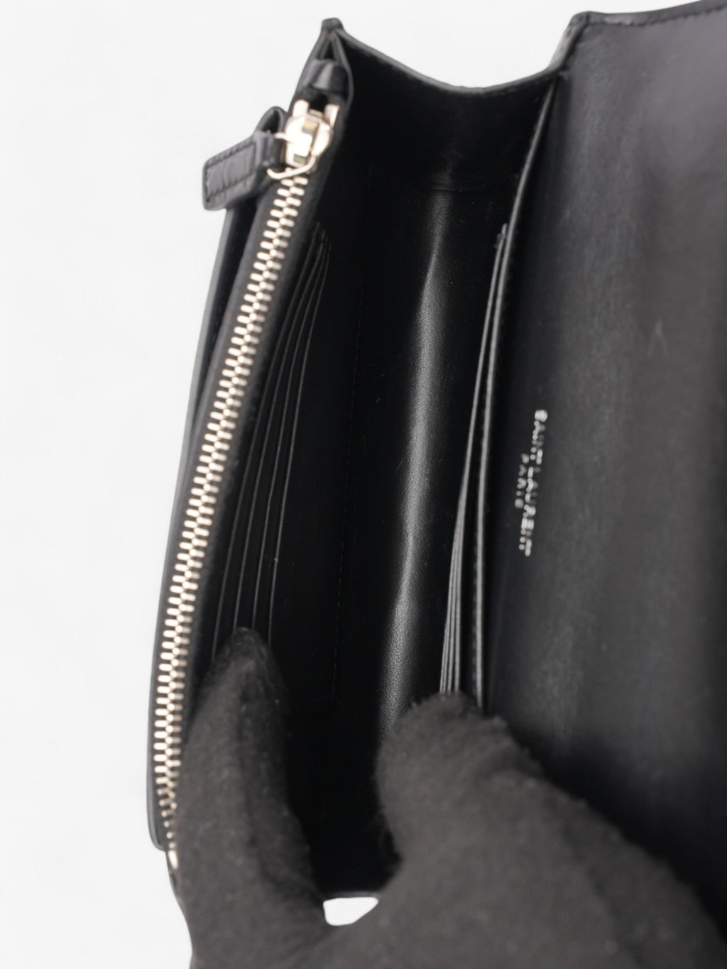 Saint Laurent Sunset Chain Wallet Black Embossed Leather