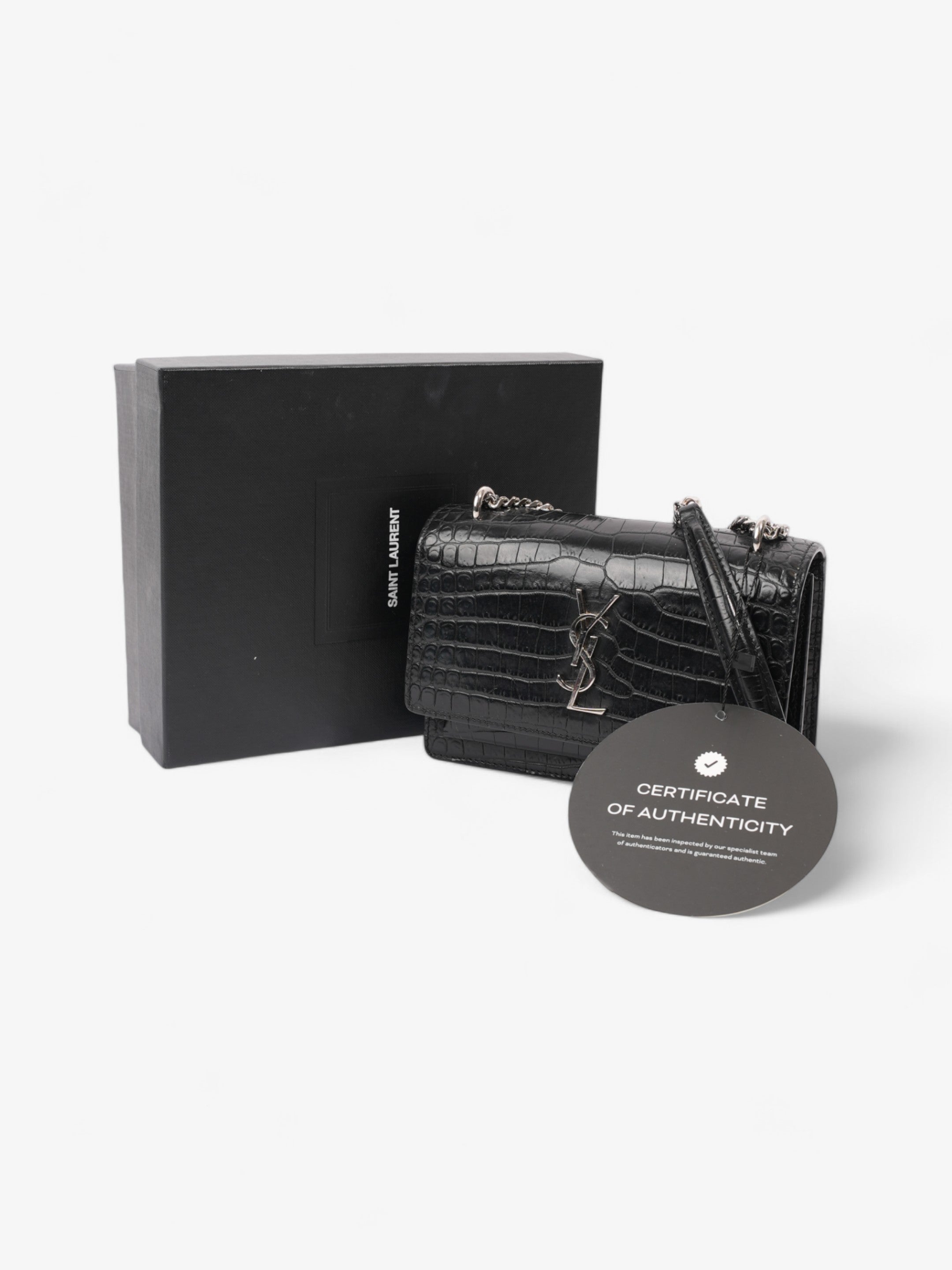 Saint Laurent Sunset Chain Wallet Black Embossed Leather