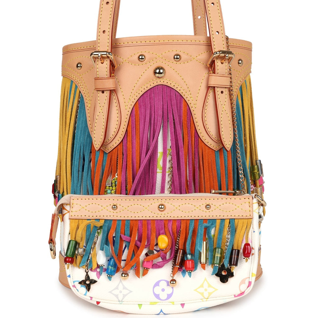 Louis Vuitton Vintage White Multicolor Fringe Bucket Bag