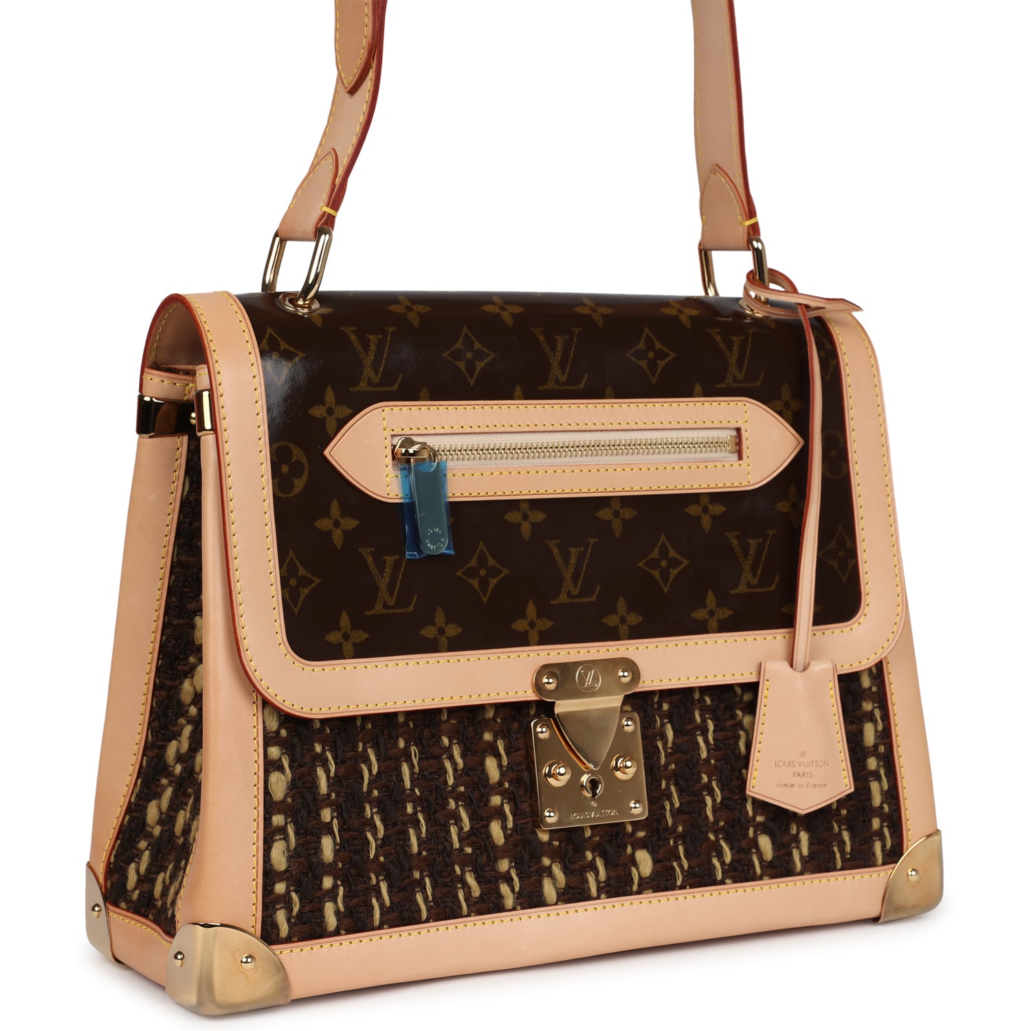 Louis Vuitton Vintage Tweedy Zip GM Brown Monogram Vinyl and Tweed Gold Hardware