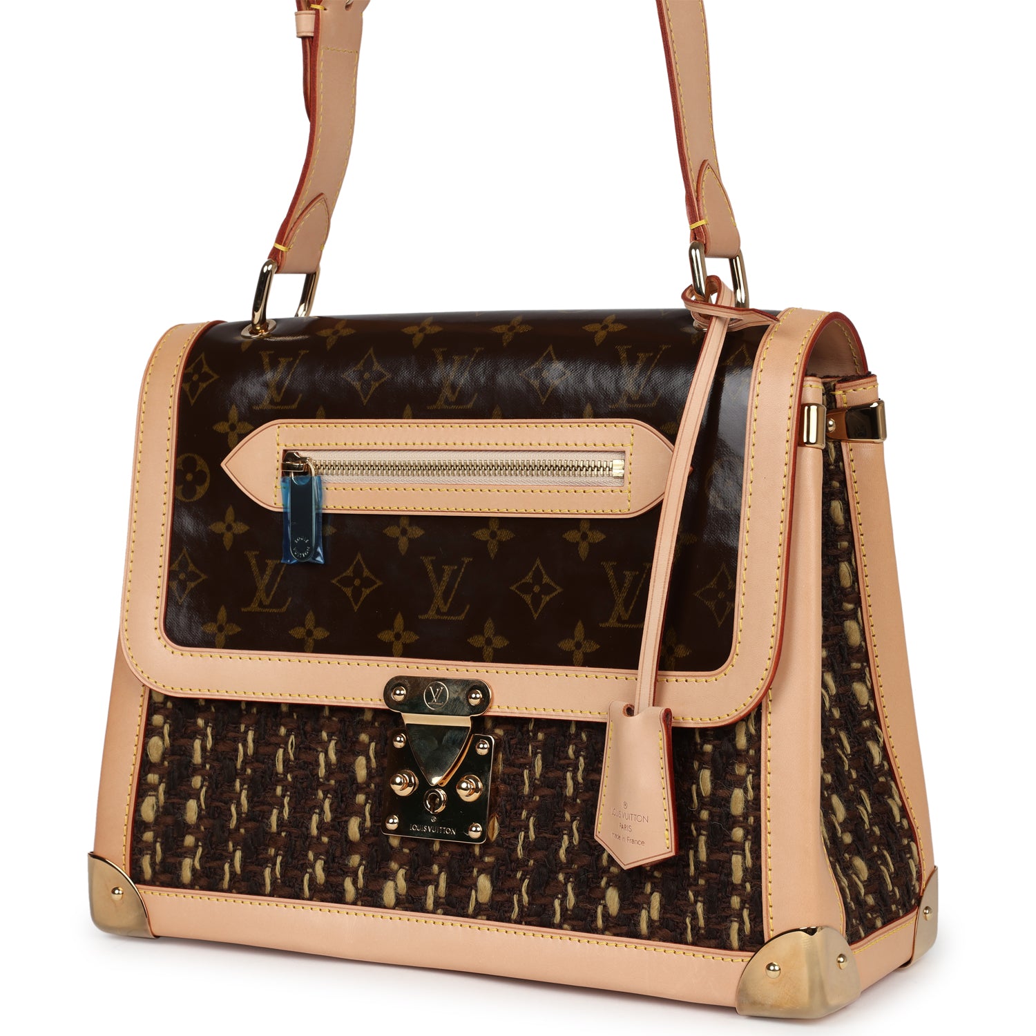 Louis Vuitton Vintage Tweedy Zip GM Brown Monogram Vinyl and Tweed Gold Hardware