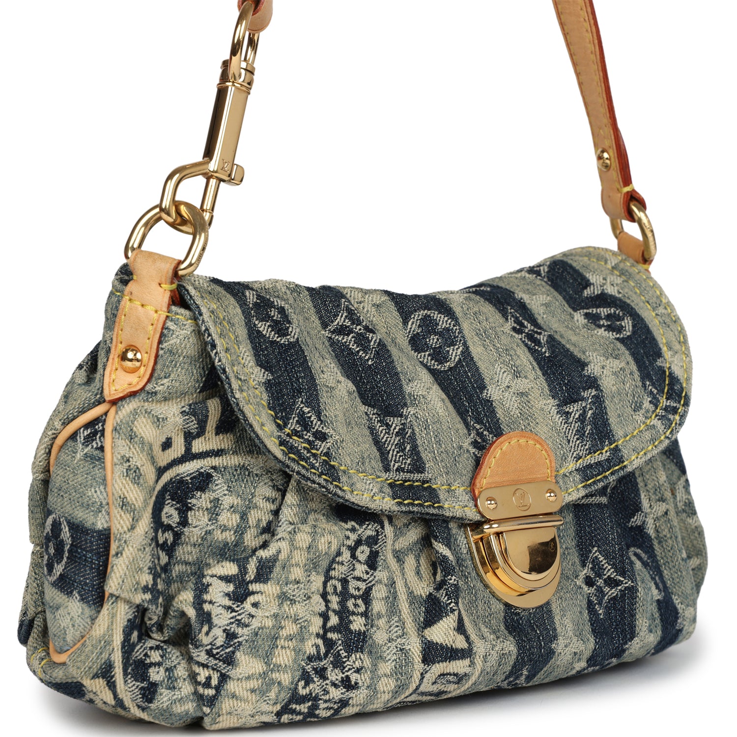 Louis Vuitton Vintage Mini Striped Pleaty Raye Blue Washed Monogram Denim Gold Hardware