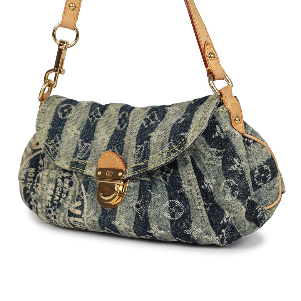 Louis Vuitton Vintage Mini Striped Pleaty Raye Blue Washed Monogram Denim Gold Hardware