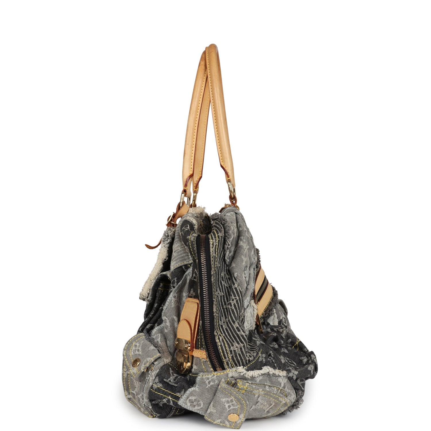 Louis Vuitton Patchwork Bowly Bag Grey Monogram Denim Gold Hardware