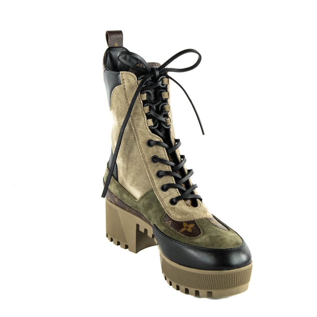 Louis Vuitton Beige Suede & Monogram Laureate Platform Desert Boots Size US 11 | EU 41