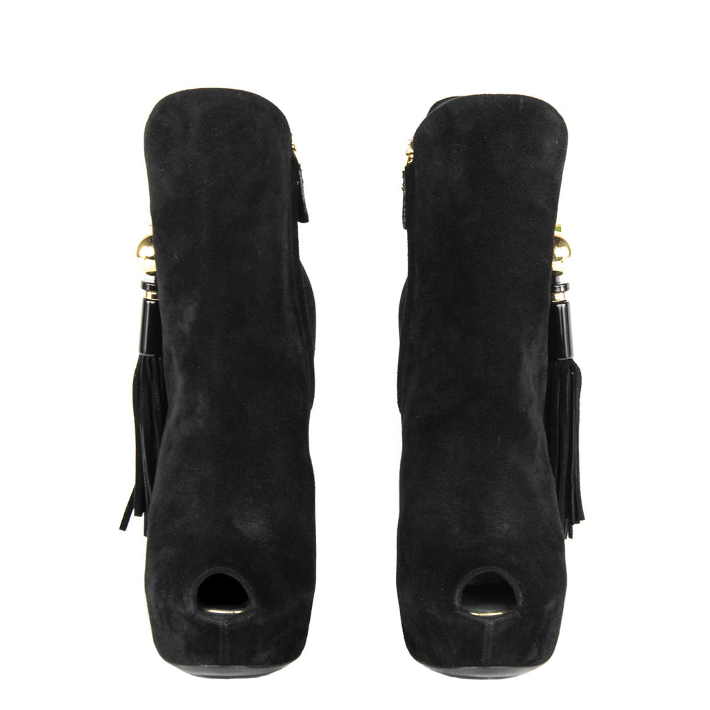 Louis Vuitton Black Suede Tassel Peep Toe Ankle Boots Size US 11 | EU 41