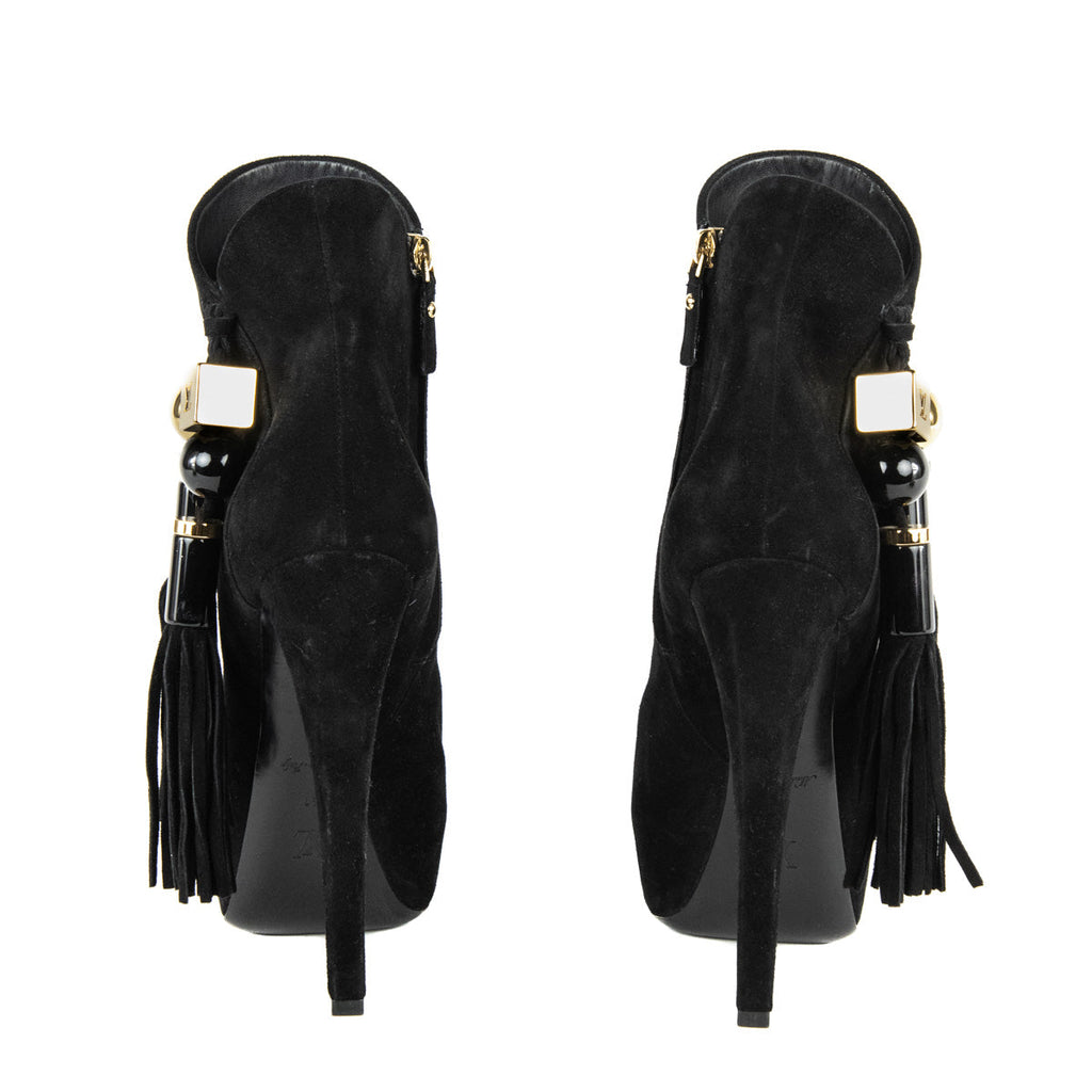 Louis Vuitton Black Suede Tassel Peep Toe Ankle Boots Size US 11 | EU 41