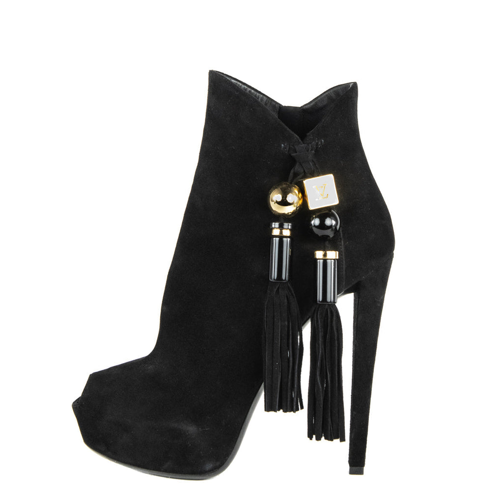 Louis Vuitton Black Suede Tassel Peep Toe Ankle Boots Size US 11 | EU 41