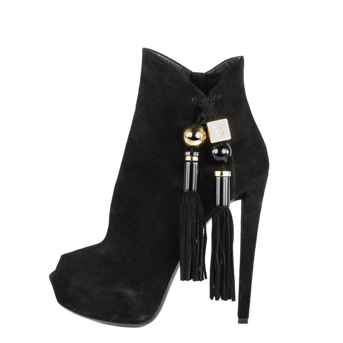 Louis Vuitton Black Suede Tassel Peep Toe Ankle Boots Size US 11 | EU 41