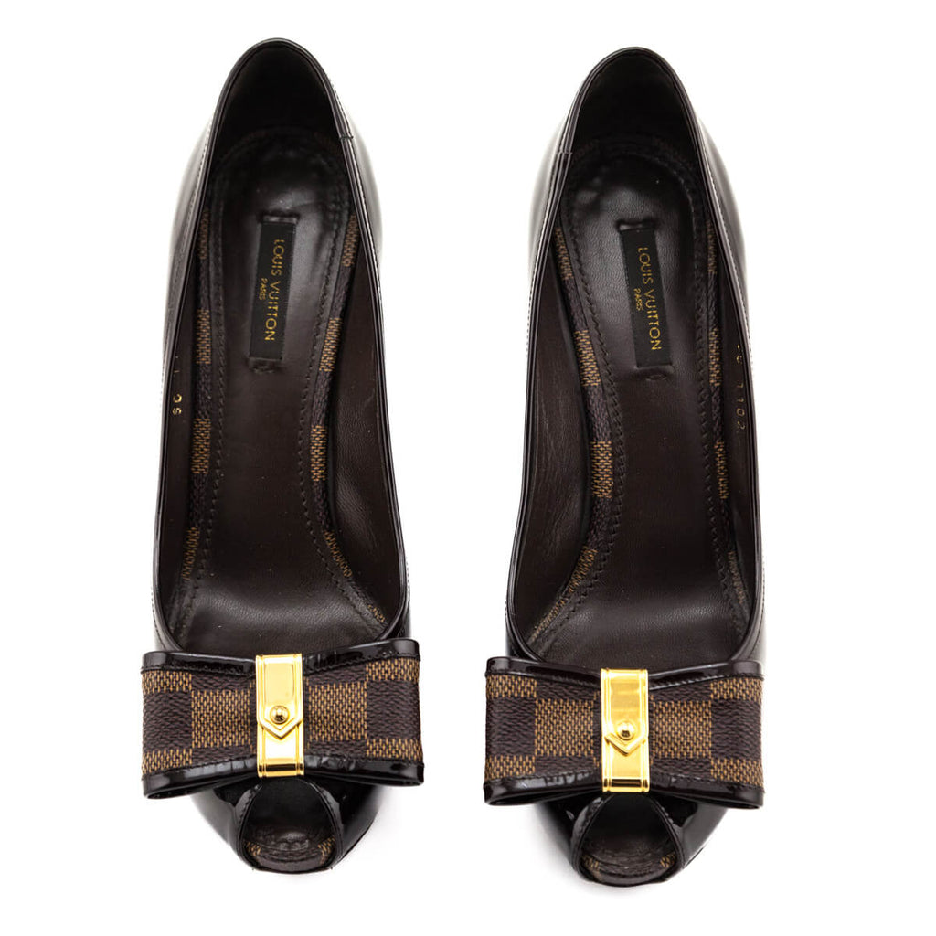 Louis Vuitton Damier Ebene Bow Platform Peep Toe Pumps Size US 7.5 | IT 37.5