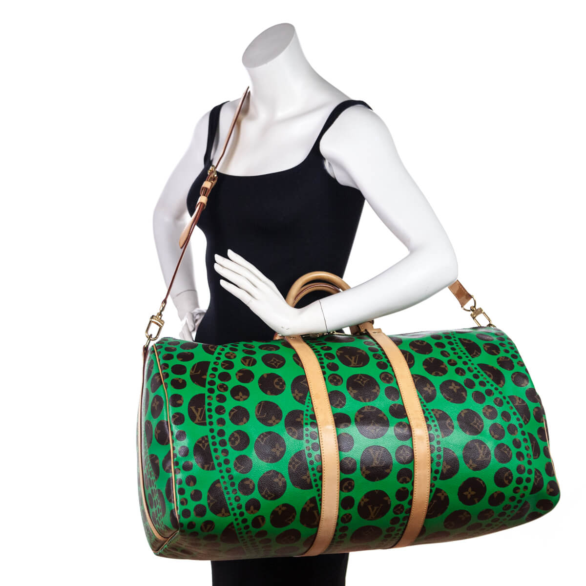 Louis Vuitton Monogram Green Kusama Pumpkin Dots Keepall Bandouliere 55