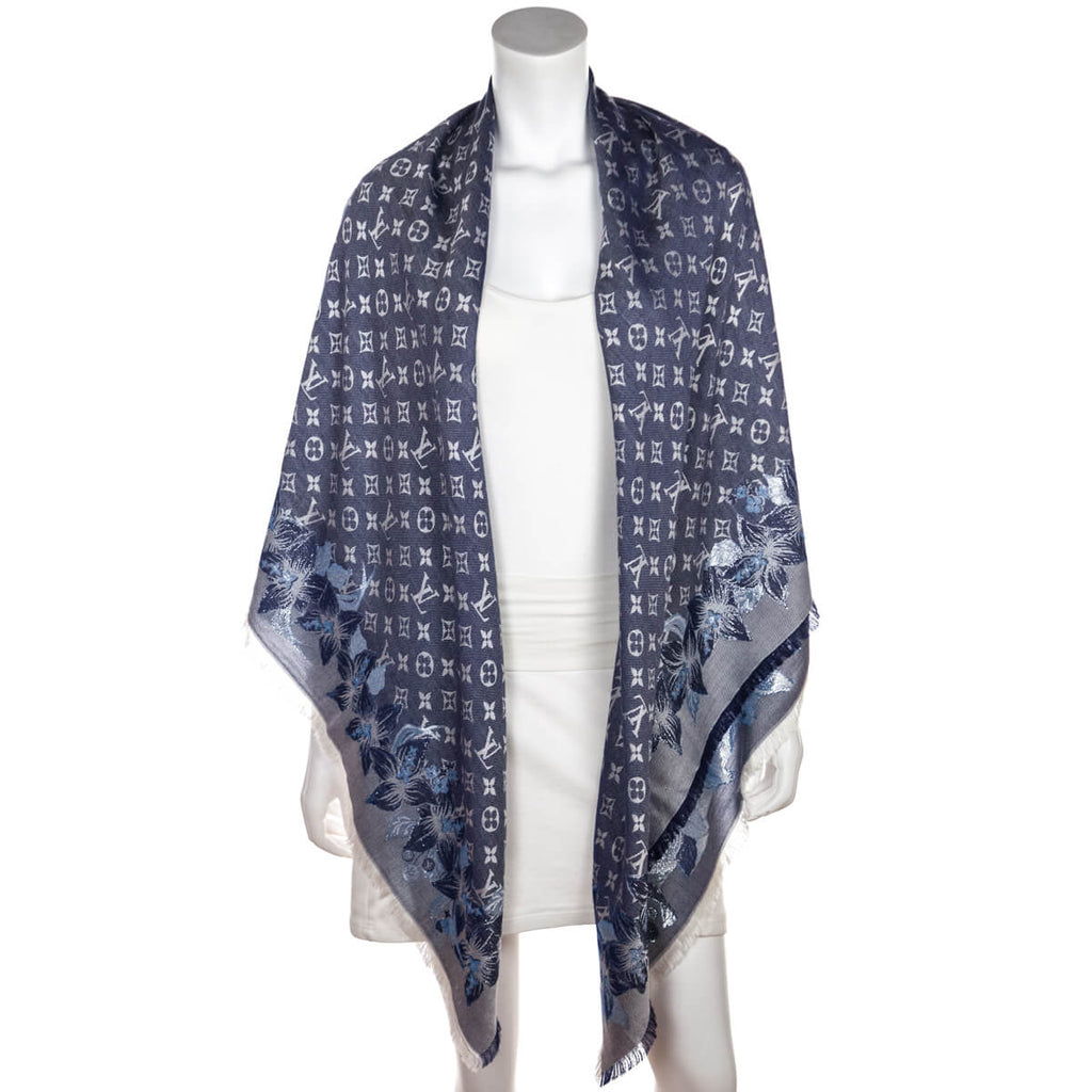 Louis Vuitton Navy Lurex Monogram Shine Flower Embellished Shawl