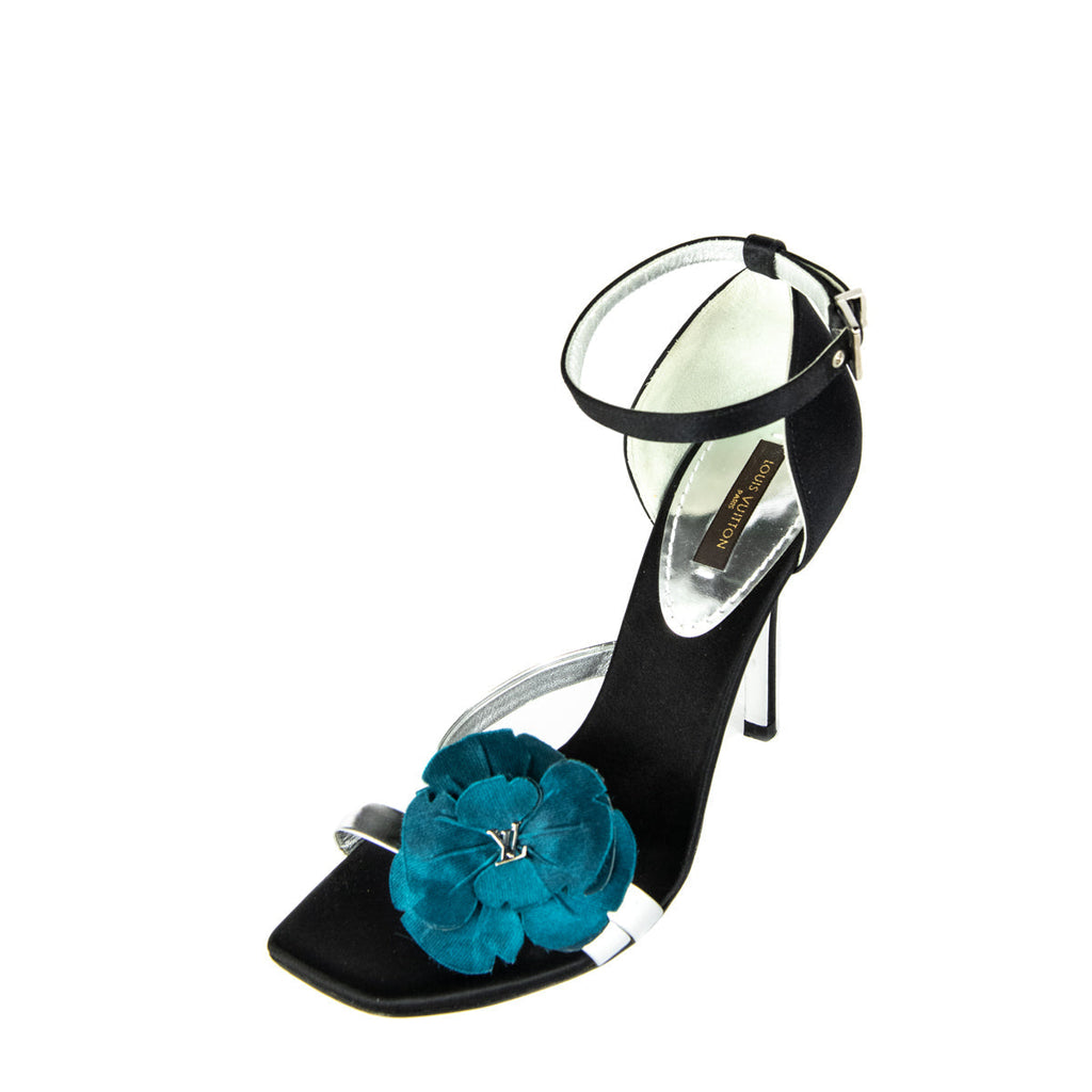 Louis Vuitton Black Satin & Blue Floral Embellished Sandals Size 6 | EU 36