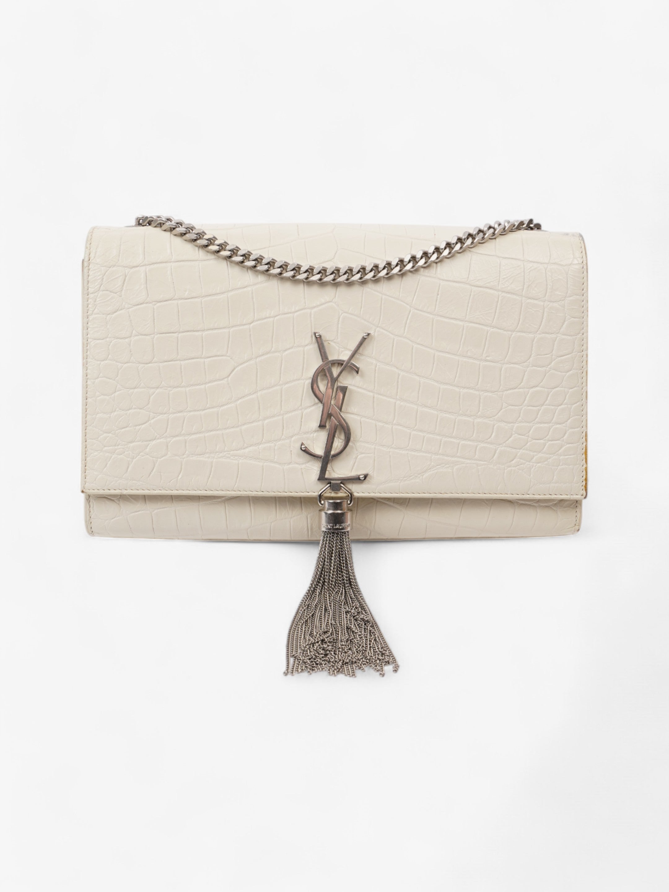 Saint Laurent Kate Tassel Bag White Embossed Leather Medium