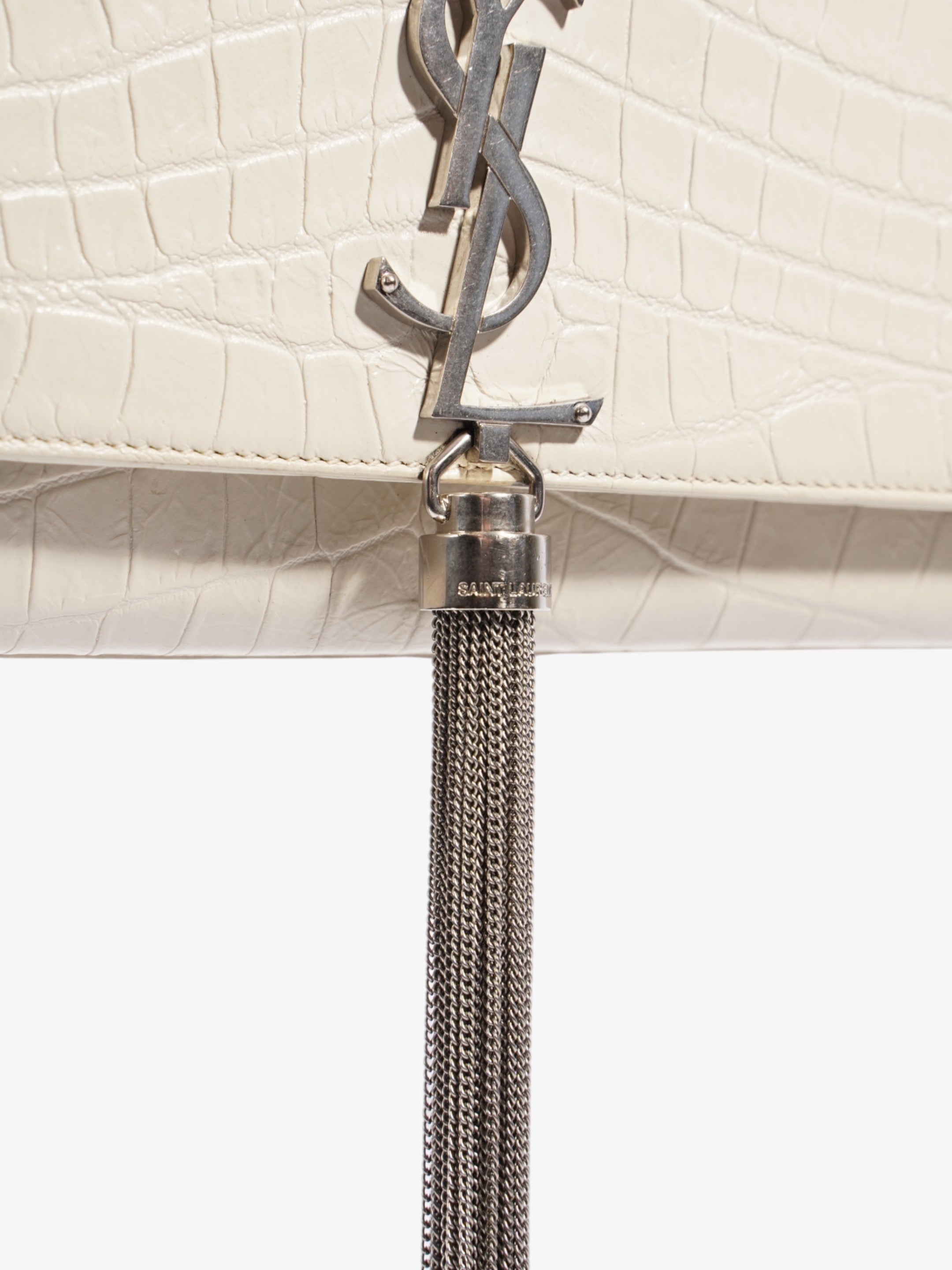 Saint Laurent Kate Tassel Bag White Embossed Leather Medium