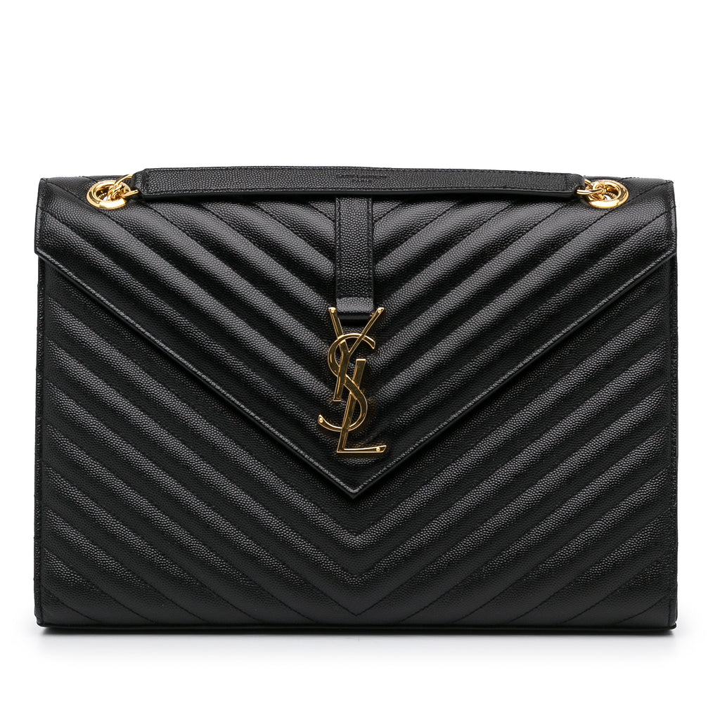 Yves Saint Laurent Envelope Large Black Chevron Quilted Leather