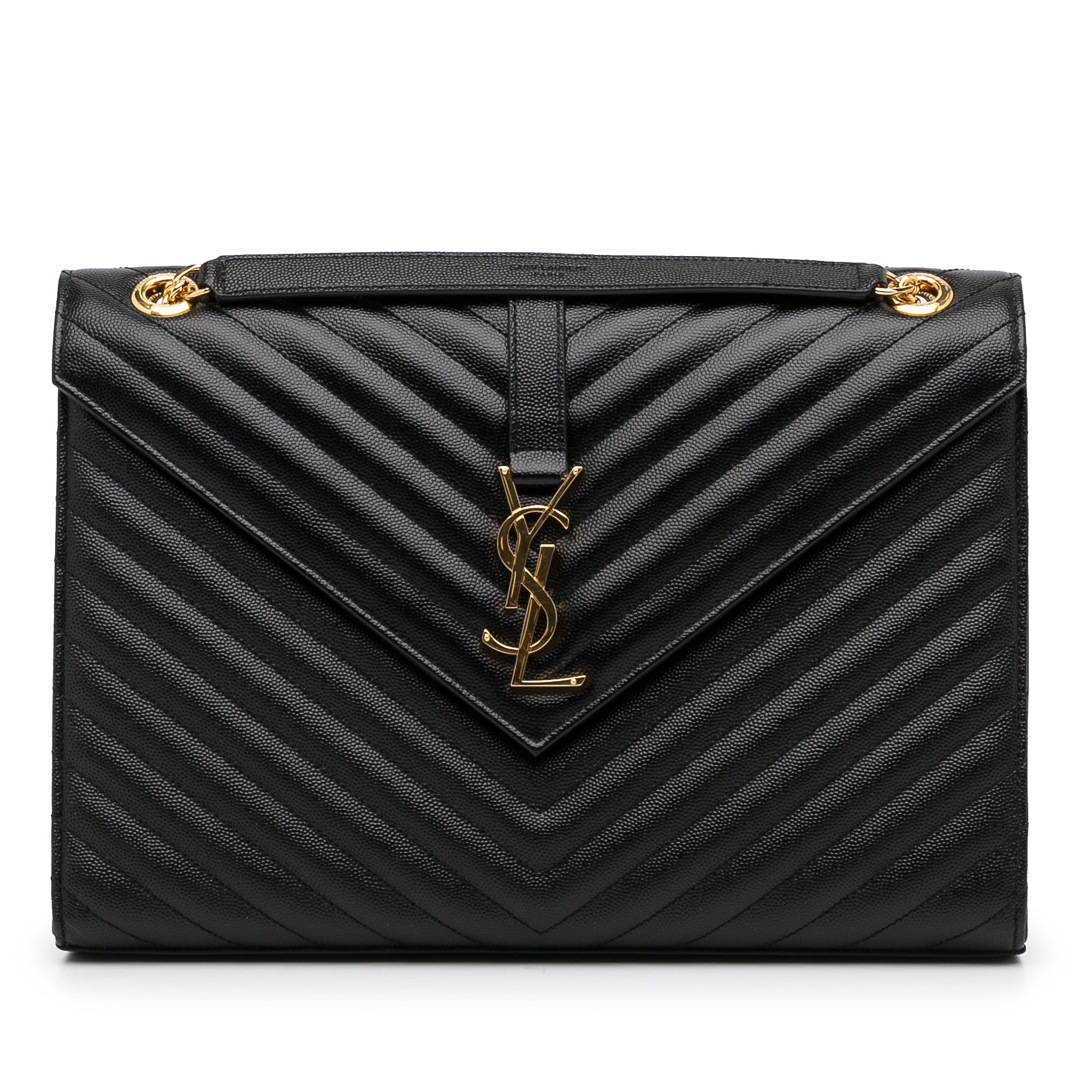 Yves Saint Laurent Envelope Large Black Chevron Quilted Leather