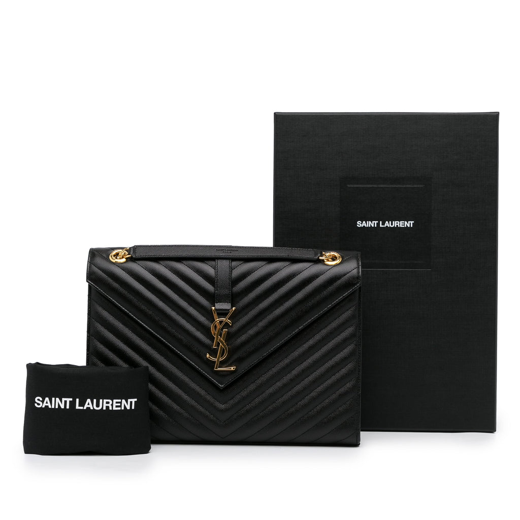 Yves Saint Laurent Envelope Large Black Chevron Quilted Leather